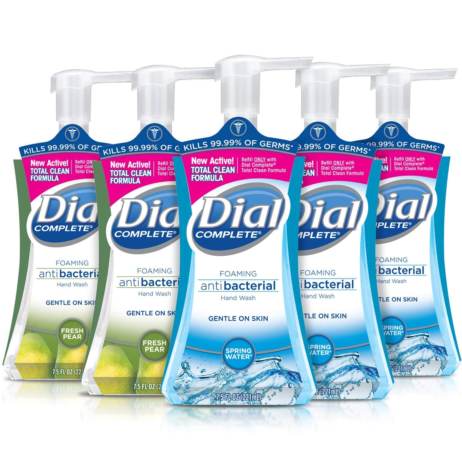 Dial Complete Antibacterial Foaming Hand Soap, 2-Scent Variety Pack, Spring Water/Fresh Pear, 7.5 Fluid Ounces Each (Pack of 5)