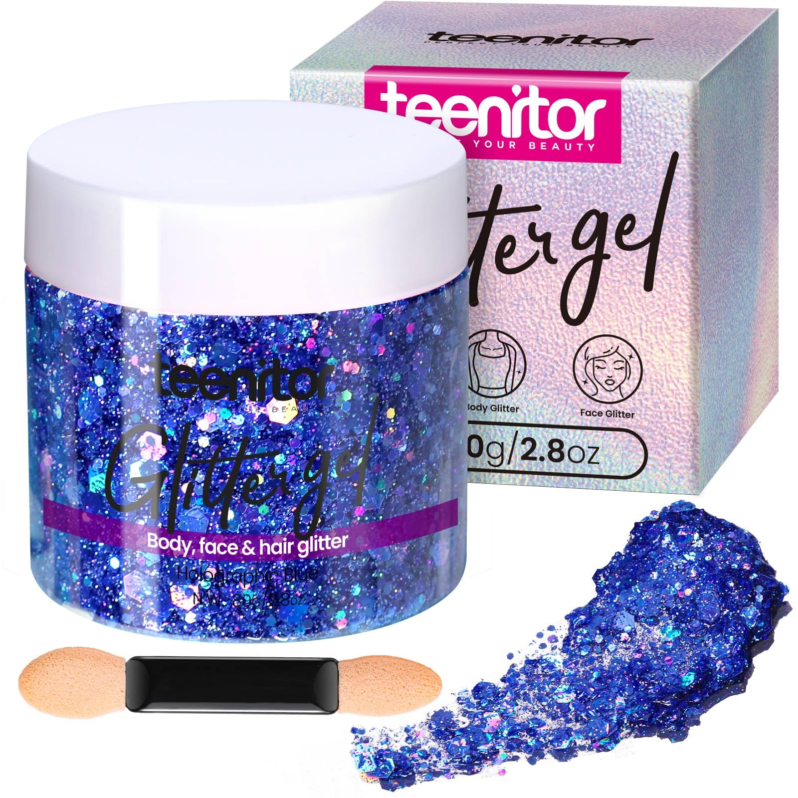 Teenitor Blue Body Glitter, Face Glitters, Body Glitter Gel, Hair Glitter Gel, 80g/2.8oz Holographic Blue Glitter Makeup for Face Body Hair