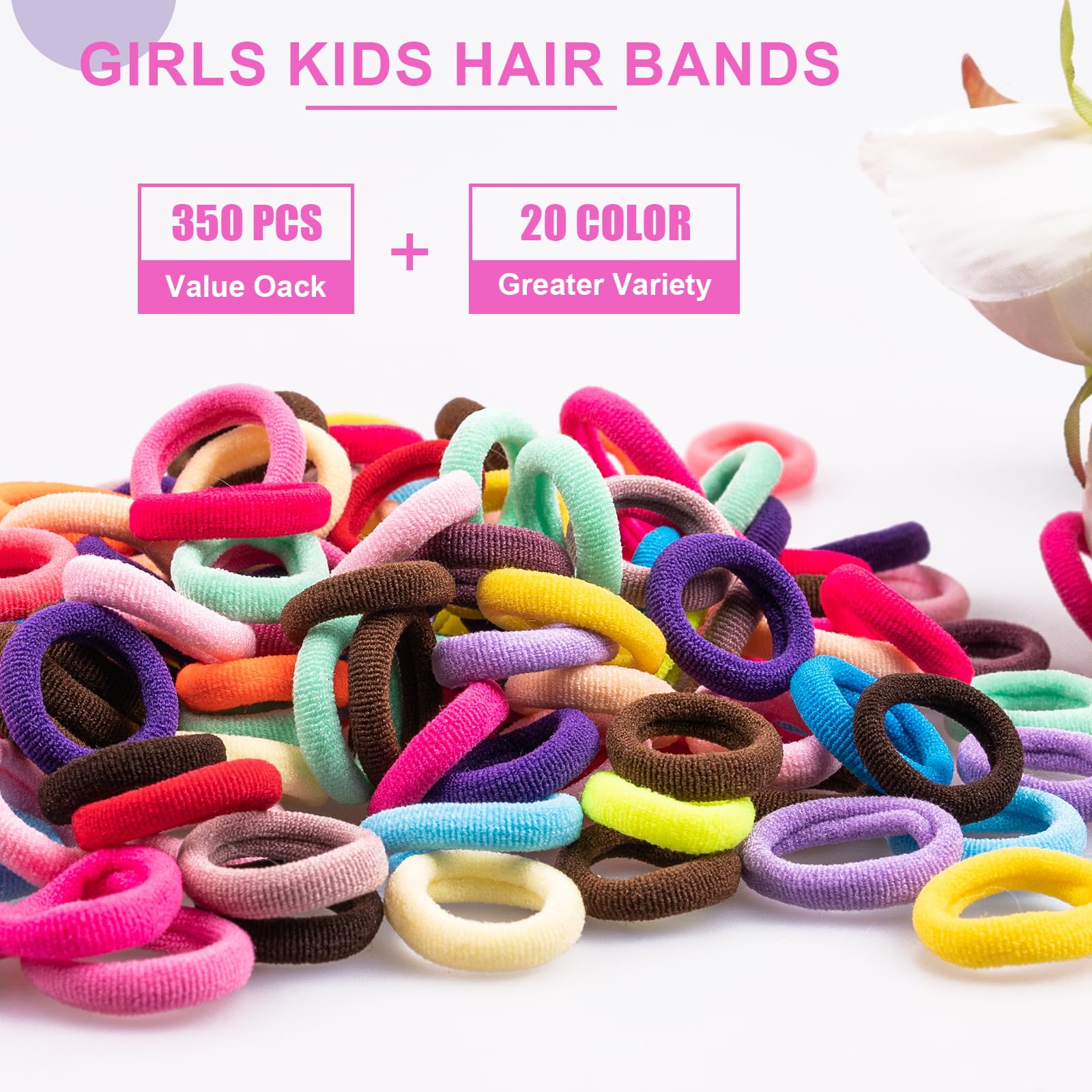 TVINLIK 350 PCS Multicolor Cotton Hair Ties – Small Baby Hair Elastics for Kids and Girls, No Crease Finger Ponytail Holders (20 Colors)
