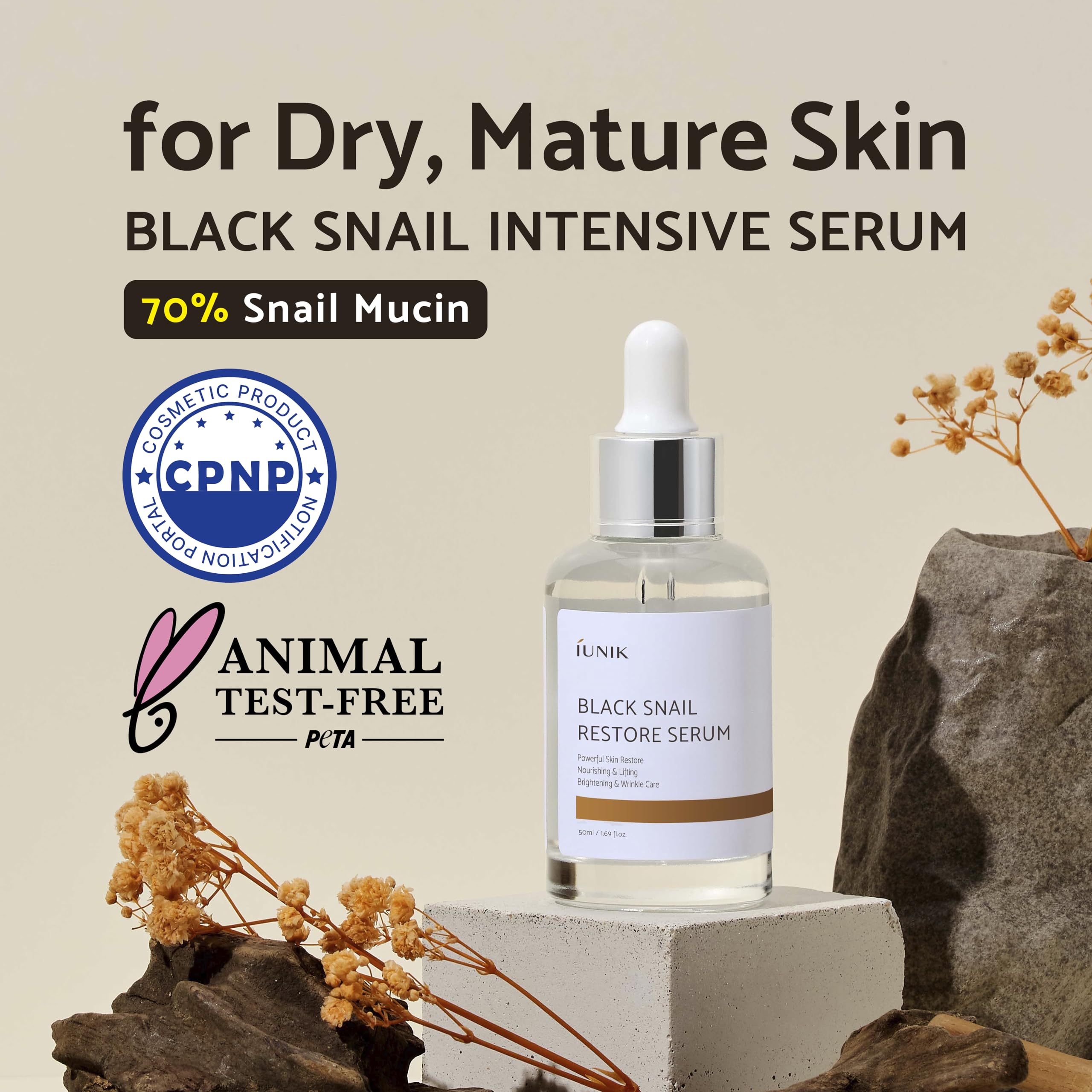 IUNIK Black Snail Serum 70% w/Centella Asiatica Essence | Hydration Dark Spots Fine Lines | Oily Sensitive Acne-Prone Skin Korean Skincare No Pore Clogging
