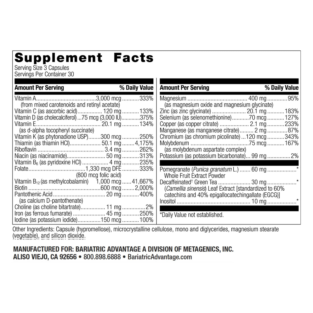 Bariatric Advantage Ultra Multivitamin with Iron - Ultra Multi with Iron - Capsule Format Multivitamin - Provides Full Complex of B Vitamins - with Vitamin C, Chromium & More - 90 Capsules