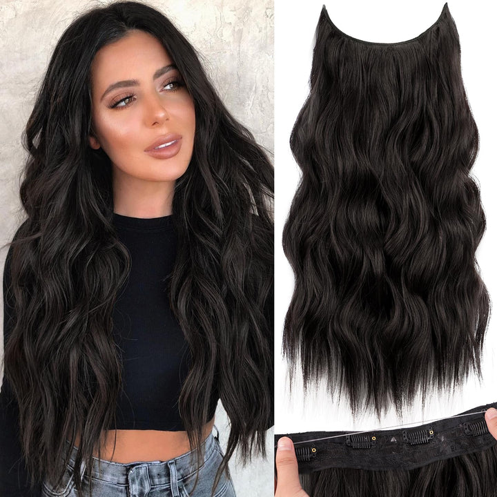 KooKaStyle Invisible Wire Hair Extensions with Transparent Wire Adjustable Size 4 Secure Clips Long Wavy Secret Synthetic Hairpiece 20 Inch 120g Rich Dark Brown with Warm Tones for Women
