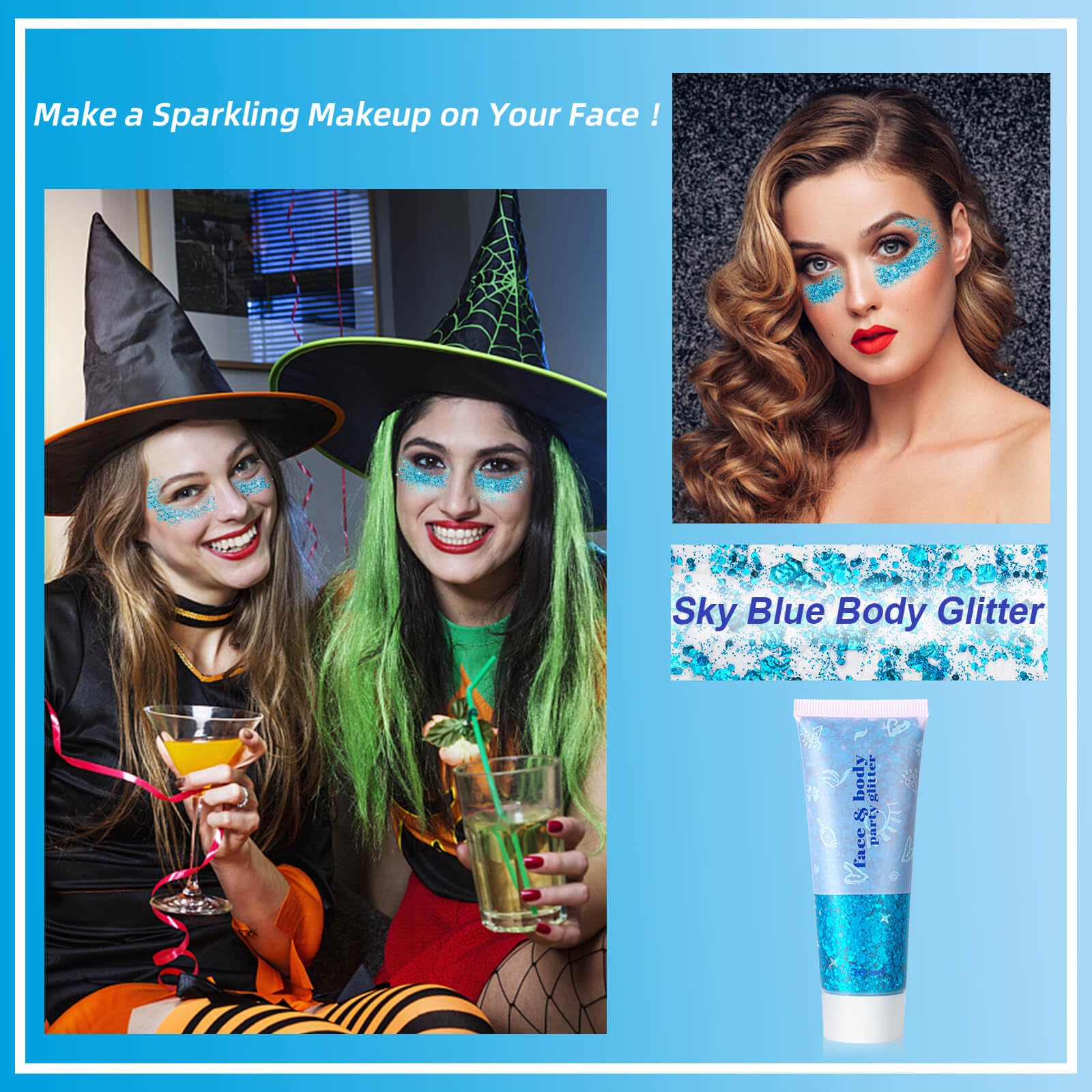 MEICOLY Sky Blue Body Glitter,Teal Face Glitter Gel,Halloween Glitter Face Paint,Light Blue Glitter for Face Body Eye Lip Hair,Mermaid Turquoise Sparkling Glitter Makeup for Women Kids,50 ml