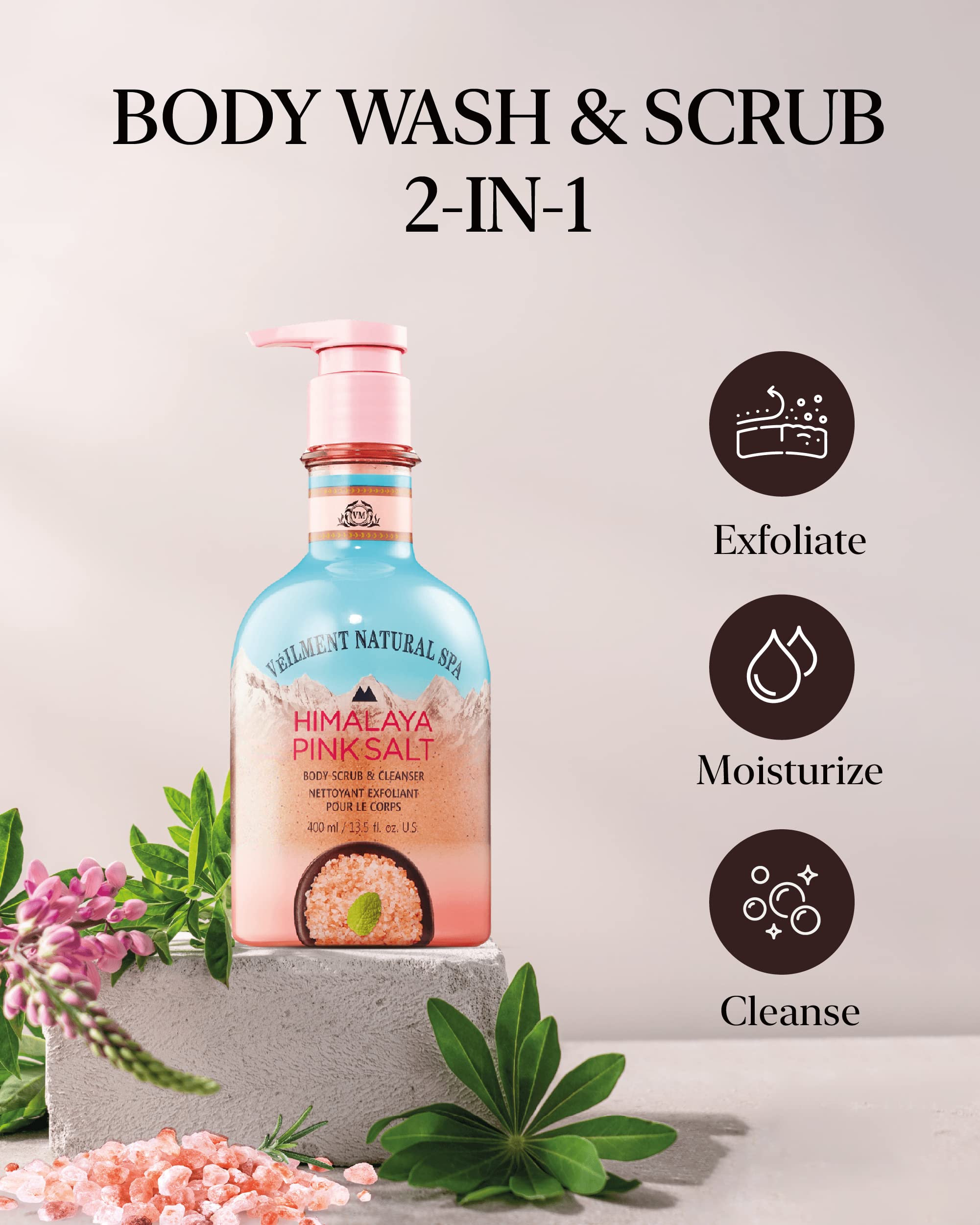 VEILMENT NATURAL HIMALAYA PINK SALT SPA 2-in1 BODY WASH & BODY SCRUB(13.53fl.oz) - Natural Exfoliating Salt Scrub for Deep Cleansing - Exfoliate & Moisturize Skin Polishes