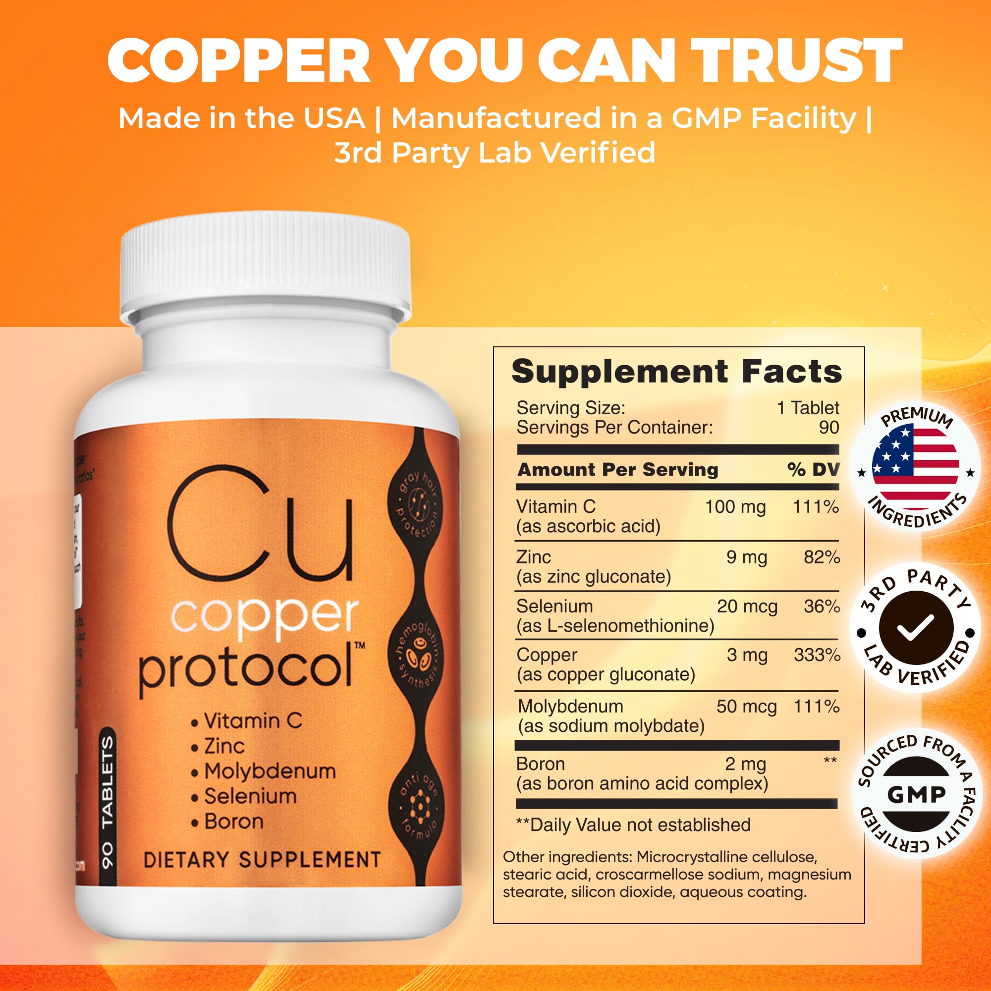 Copper Supplement with Zinc, Selenium, Boron, Molybdenum, and Vitamin C | Copper Protocol for Men & Women | Supports Joint Health | Essential Minerals for Daily Wellness | 90 Tablets