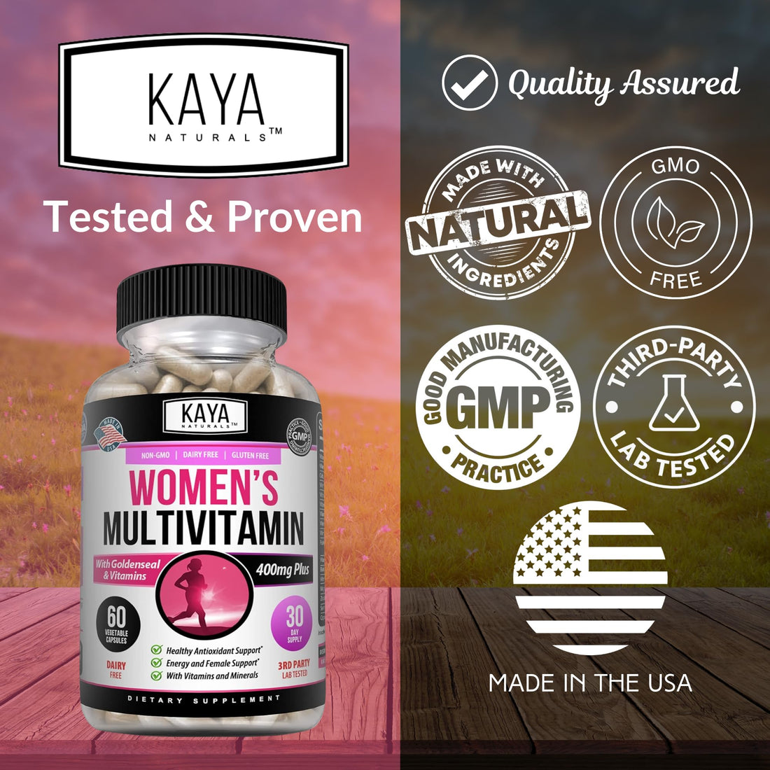 Kaya Naturals Women's Multivitamin, Overall Healthy Antioxidant, and Immune Support, Vitamins A, D, C, E, Biotin, Folic Acid, & Multi-Mineral, Energy & Metabolism Vitamin Supplement 60 Count