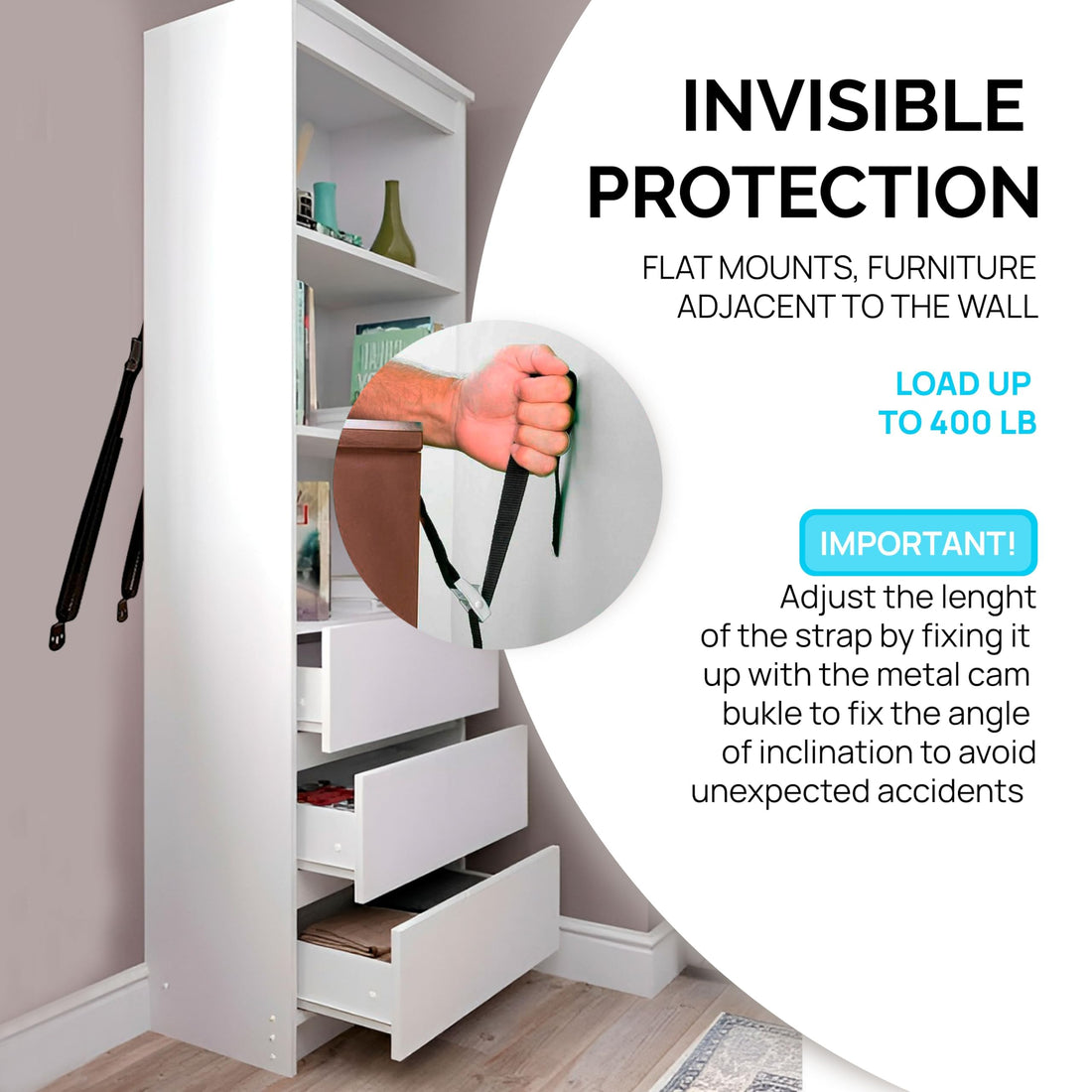 Family Care TV Safety Straps 4 Pack+Gift - Metal Furniture Straps for Baby Proofing - TV Straps Safety for Flat Screen - Earthquake Straps for Bookcases - Furniture Anchors Anti Tip Kit