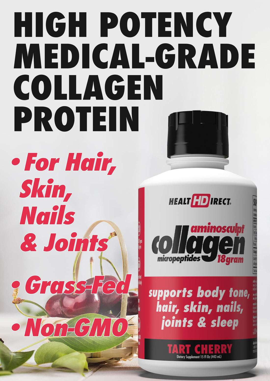 HEALTH DIRECT AminoSculpt Sugar-Free Collagen Supplement - High Potency Medical-Grade Protein for Hair, Skin, Nails & Joints, Grass-Fed, Non-GMO, Liquid Collagen - Tart Cherry - 15 Fl Oz