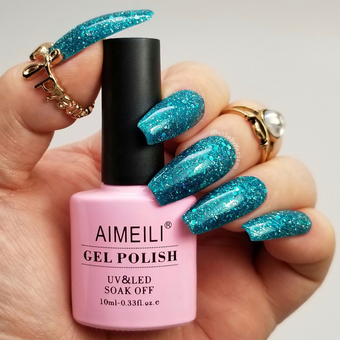 AIMEILI Shellac Soak Off UV LED Gel Nail Polish - Diamond Glitter Teal Blue Green (044) 10ml