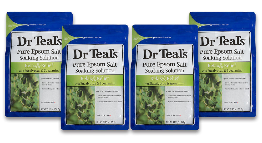 Dr. Teal's Eucalyptus & Spearmint Pure Epsom Salt Soaking Solution Gift Set (4 Pack, 3lbs ea.) - Essential Oils Ease Aches & Soreness - Relax Your Mind & Relieve Daily Stress at Home