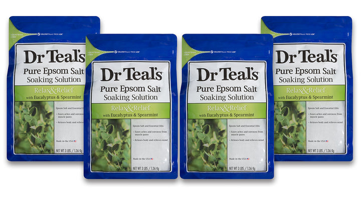 Dr. Teal's Eucalyptus & Spearmint Pure Epsom Salt Soaking Solution Gift Set (4 Pack, 3lbs ea.) - Essential Oils Ease Aches & Soreness - Relax Your Mind & Relieve Daily Stress at Home