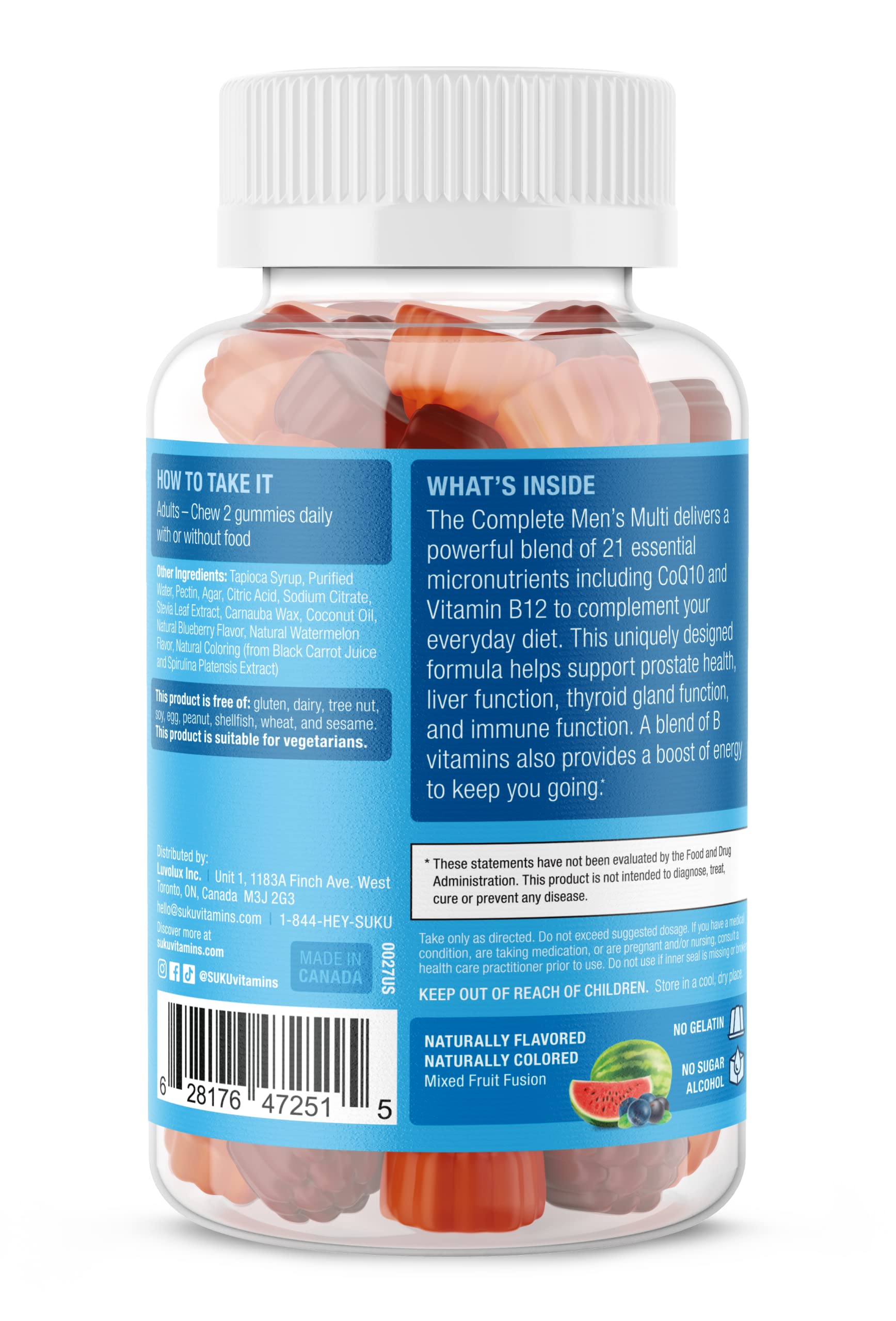 SUKU Vitamins - Complete Men's Multi - MicroNutrients: CoQ10, Lycopene Gummies for Prostate Health - Easy to Chew - Non GMO, Gluten Sugar Free - Mixed Fruit Fusion Gummy Vitamins, 60 Count