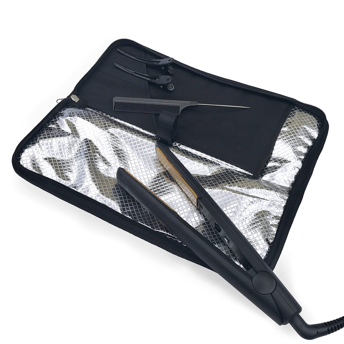 Heat Resistant Case & Mat for Hair Straighteners by j&m - Travel Pouch & Zip-Up All-In-One Mat and with Pockets for Combs, Clips & More. Great for Travelling and Protecting Your Surfaces