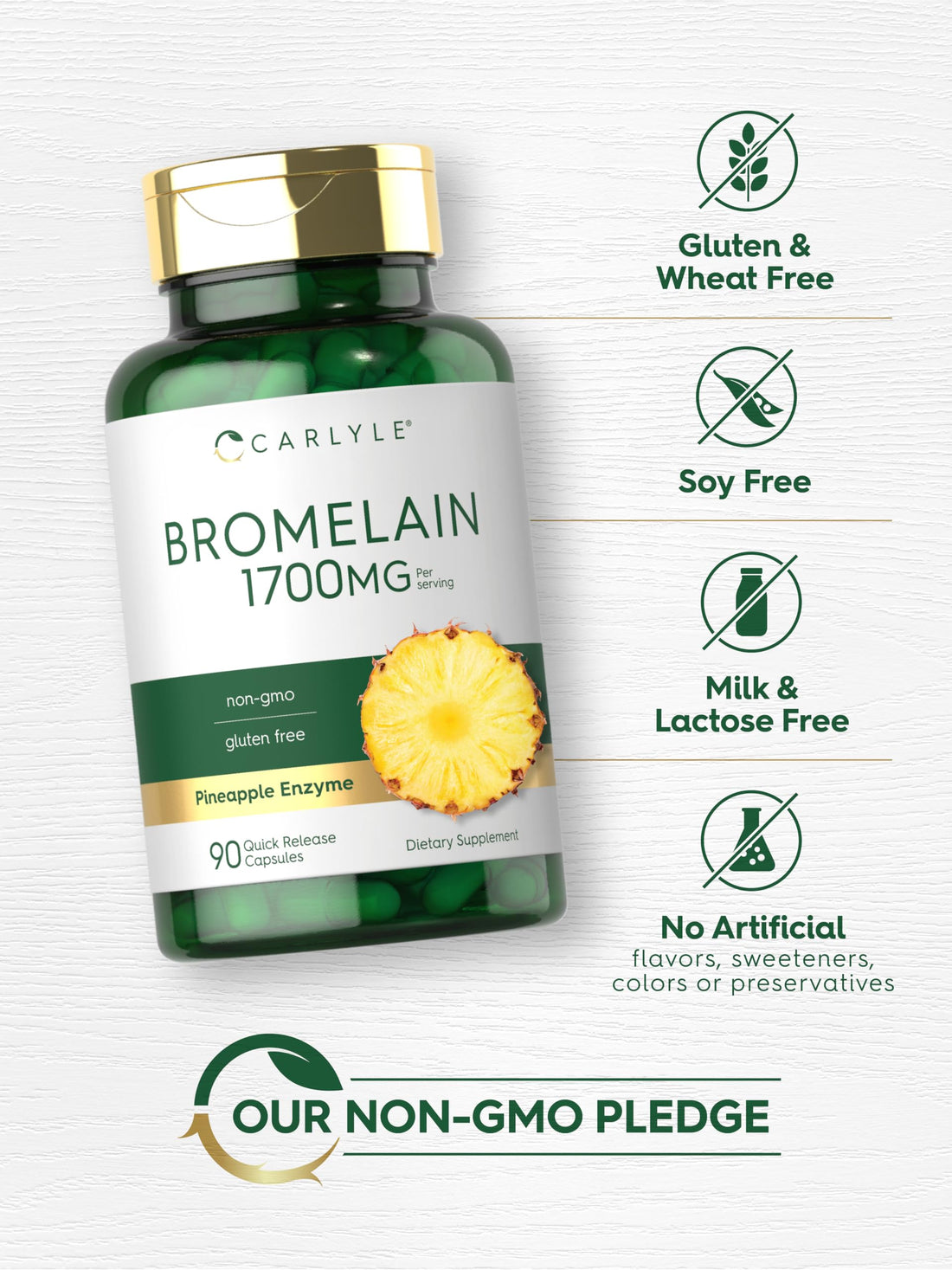 Carlyle Bromelain 1700 mg | 90 Capsules | Pineapple Enzyme Supplement | Non-GMO and Gluten Free