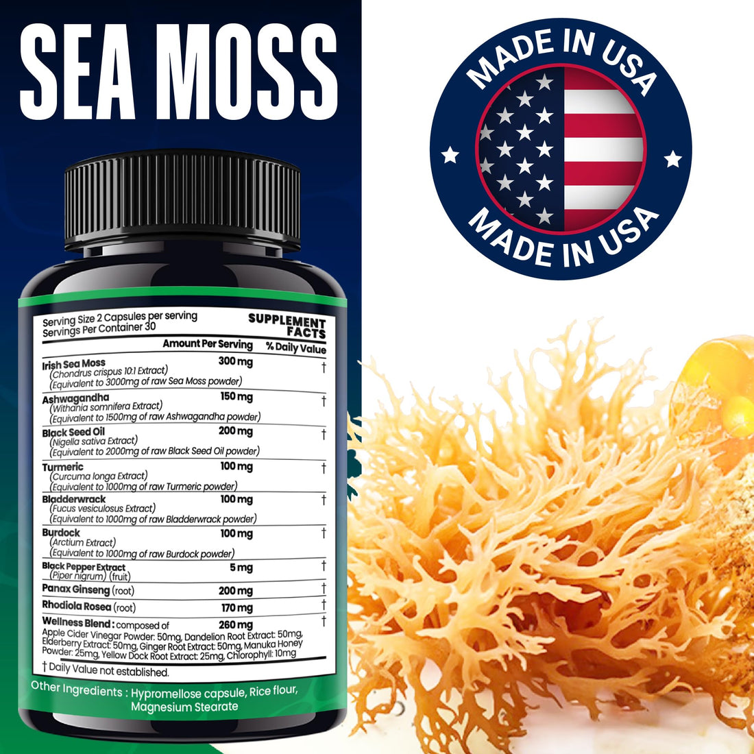 Sea Moss Black Seed Oil Ashwagandha Ginger - Advanced Irish Sea Moss Capsules All in One Supplement with Seamoss Black Seed Oil Ashwagandha Burdock Root Bladderwrack - Pills for Energy, Immune, Gut