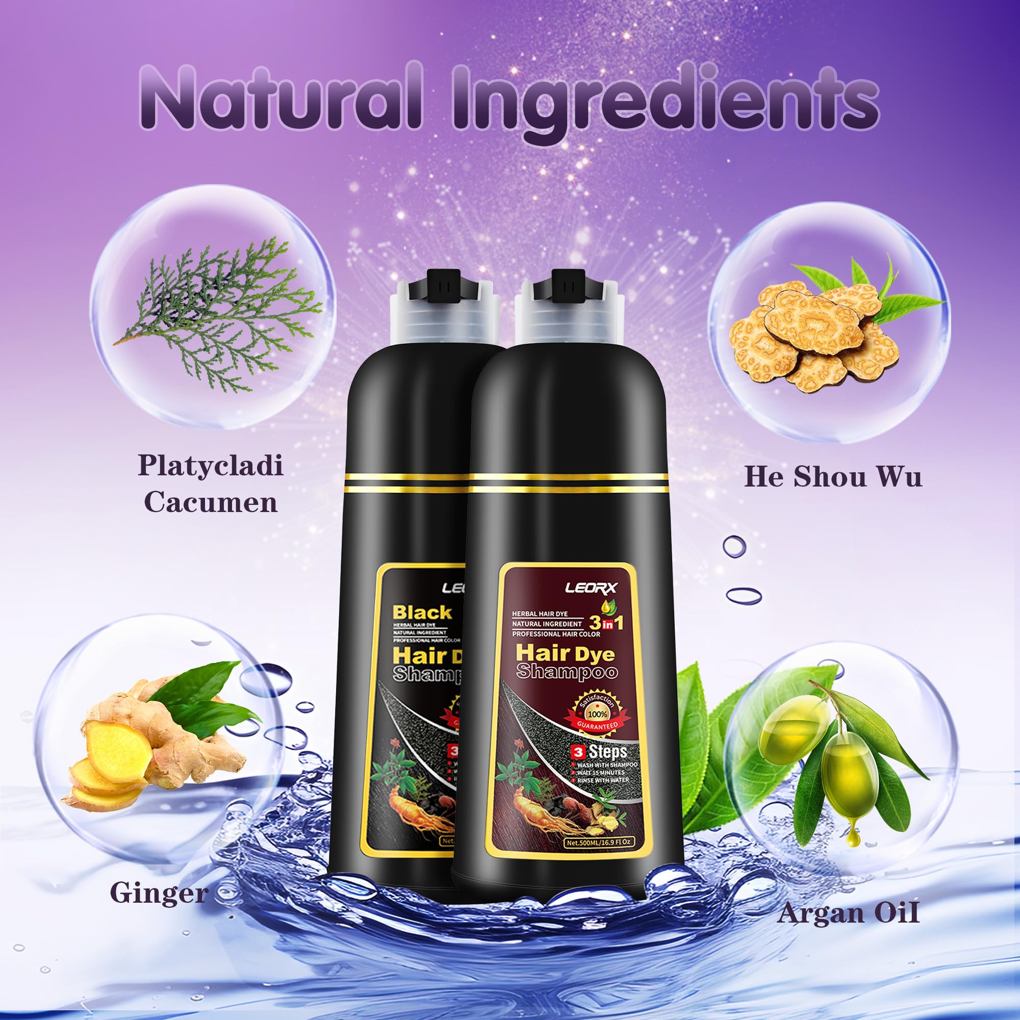 Leorx Black Hair Dye - 3 In 1 Instant Herbal Coloring Shampoo For Gray Hair - Women & Men - Shampoo Para Canas Mujer