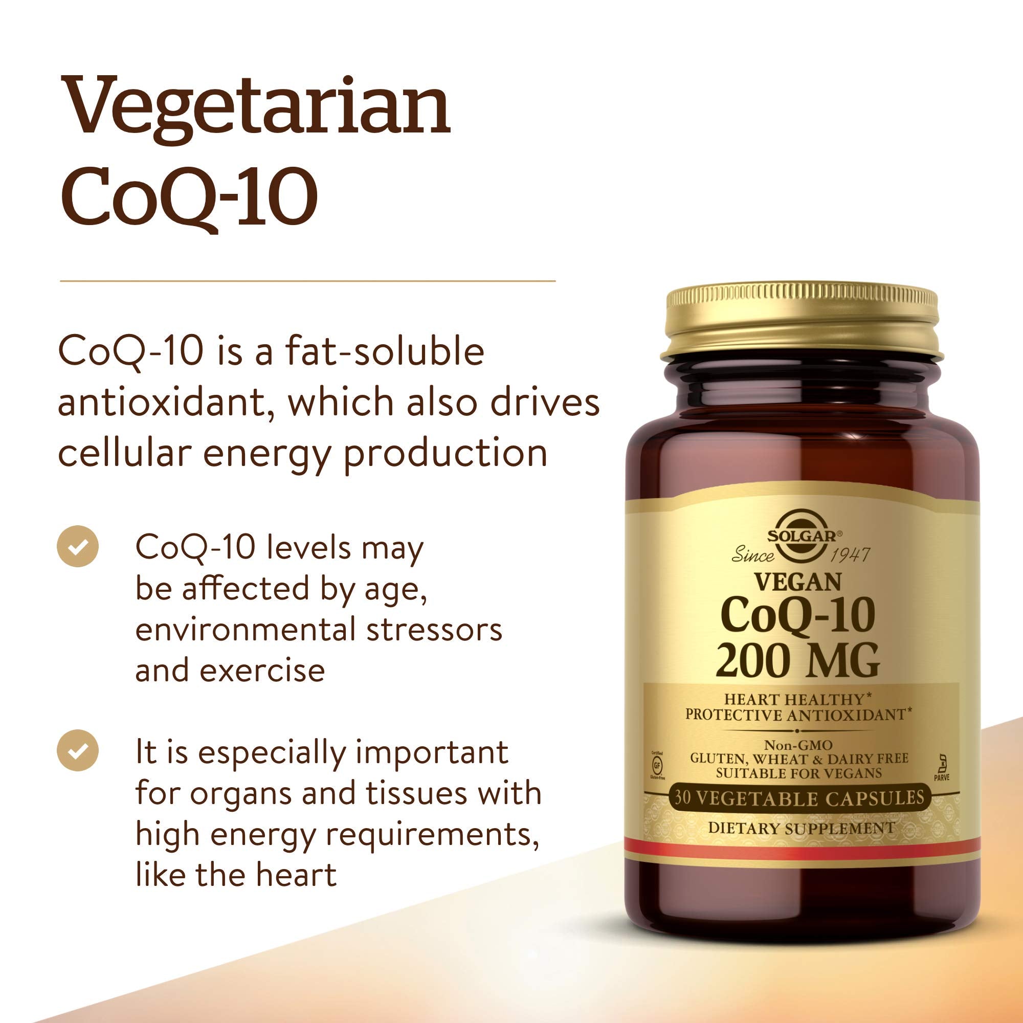 Solgar Vegetarian CoQ-10 200 mg, 30 Vegetable Capsules - Heart Healthy, Protective Antioxidant - Coenzyme Q10 (CoQ-10) Supplement - Vegan, Gluten Free, Dairy Free, Kosher - 30 Servings