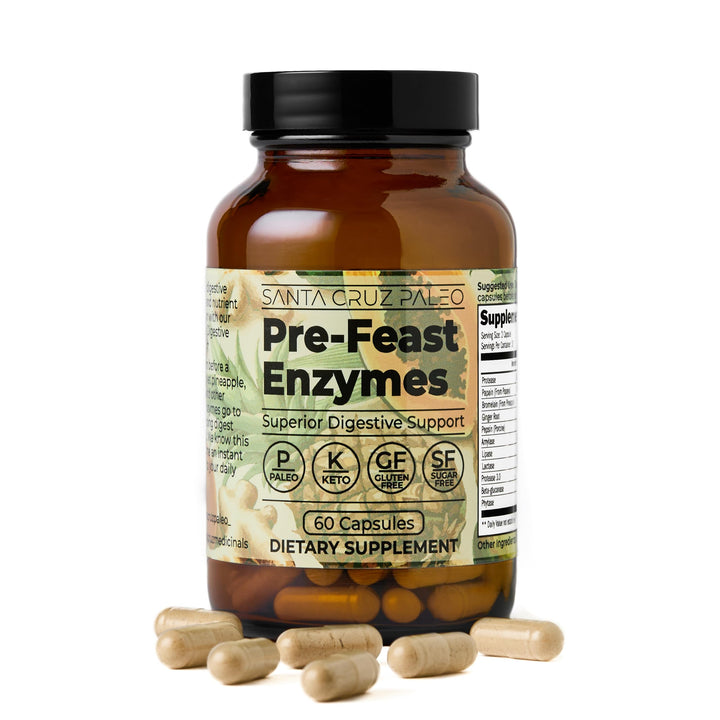 Santa Cruz Paleo Pre-Feast Digestive Enzymes for Women and Men, Fiber Supplement for Gut Health & Digestive Health, Gluten Free, Keto, Sugar Free, Paleo, with Bromelain, Ginger Root, 60 Capsules