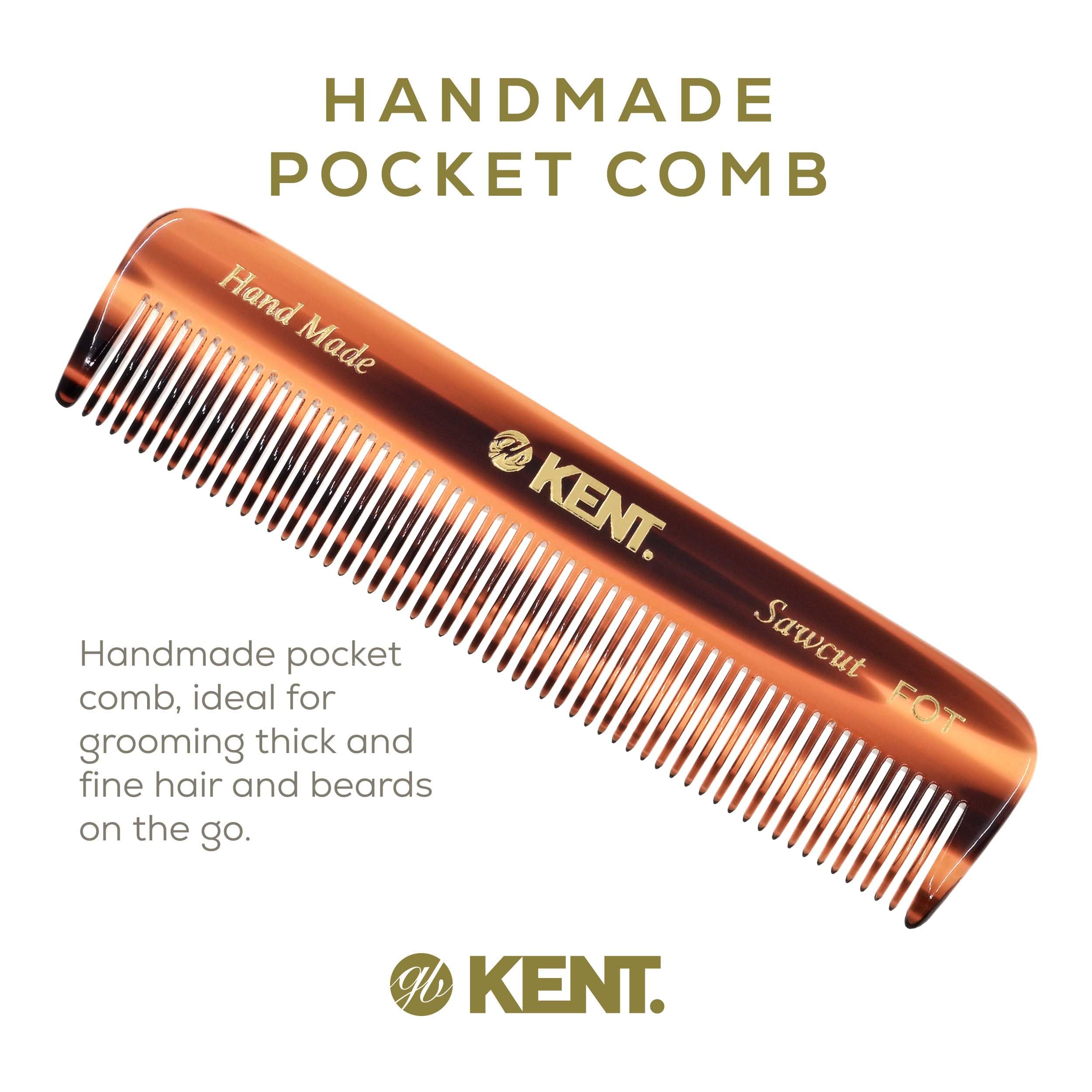 Kent A FOT Handmade All Fine Tooth Pocket Comb for Men, Women and Kids, Hair Comb Straightener for Everyday Grooming and Styling Hair, Mustache and Beard, Saw Cut and Hand Polished, Made in England