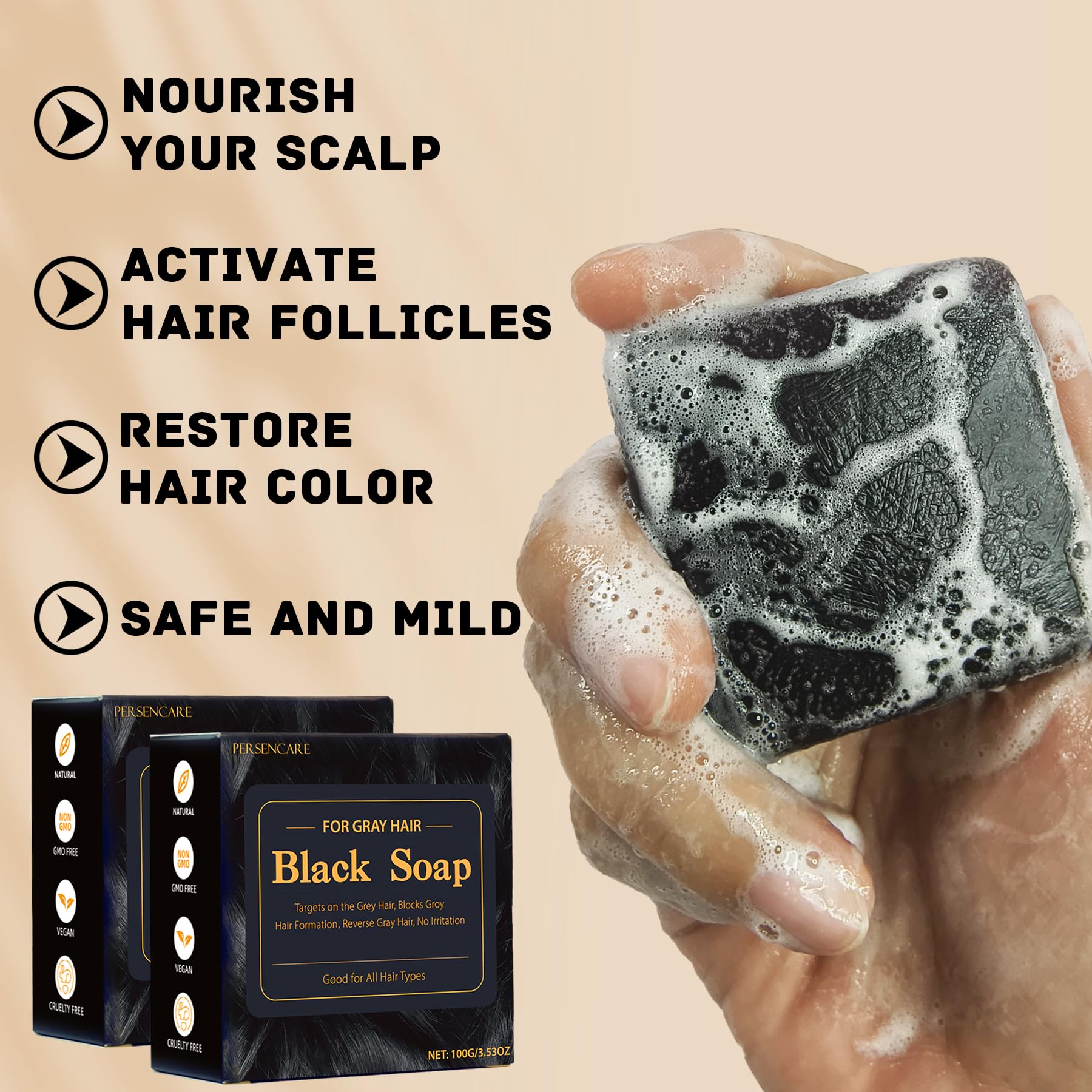 VAEYAE 2 Pcs Herbal Black Soap for Gray Hair Reverse, Fo Ti Castor Oil for Hair Darkening & Thickening, Men & Women Hair Growth Grey Cover Shampoo Bar, Natural Polygonum Multiforum Reducing Hair Loss