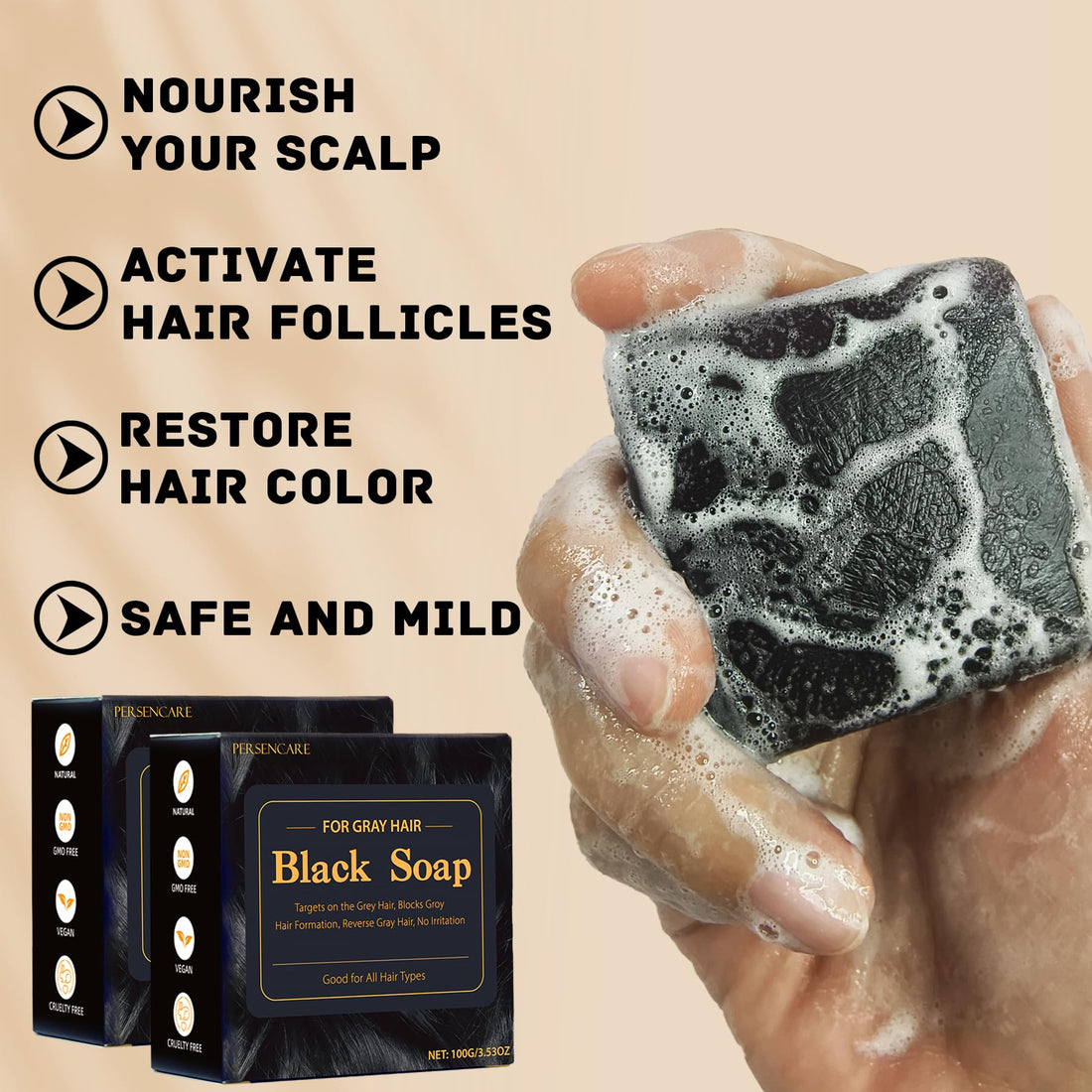 VAEYAE 2 Pcs Herbal Black Soap for Gray Hair Reverse, Fo Ti Castor Oil for Hair Darkening & Thickening, Men & Women Hair Growth Grey Cover Shampoo Bar, Natural Polygonum Multiforum Reducing Hair Loss