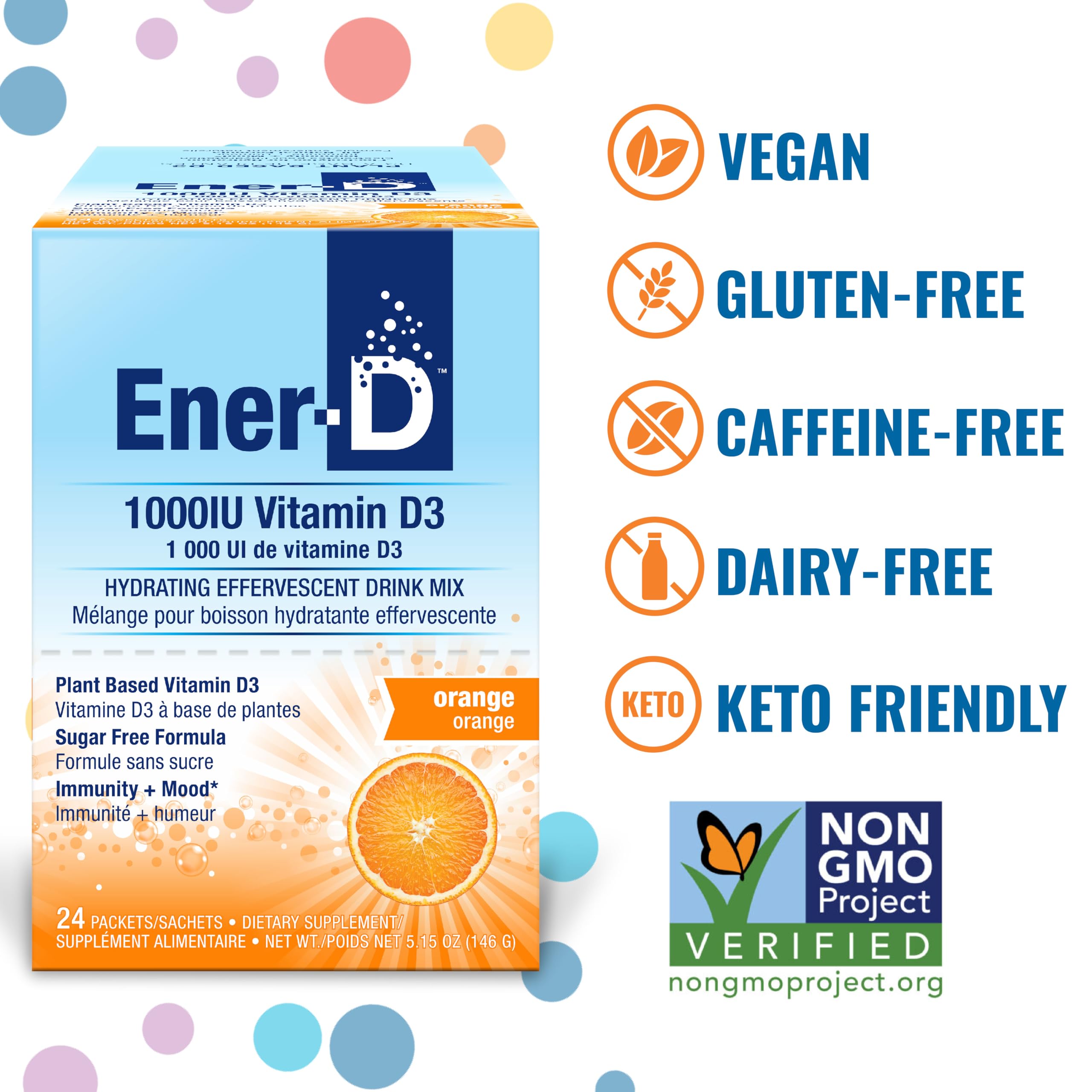Ener-D Sugar Free Vitamin D3 Orange Multivitamin Drink Powder - Natural Immune & Energy Support for Women & Men - Zinc C & B Vitamins Plus Electrolytes Vegan & Non-GMO Real Fruit Juice - 24 Count