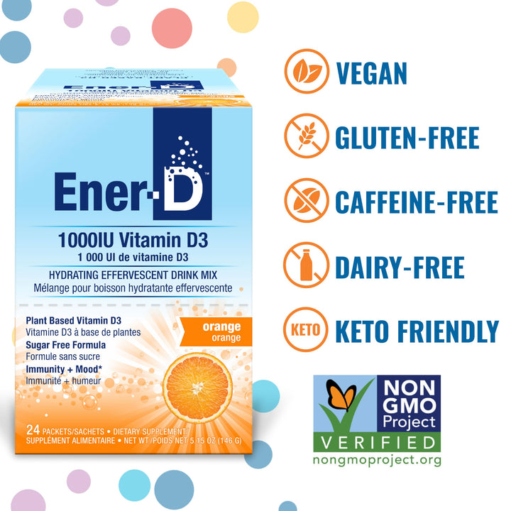 Ener-D Sugar Free Vitamin D3 Orange Multivitamin Drink Powder - Natural Immune & Energy Support for Women & Men - Zinc C & B Vitamins Plus Electrolytes Vegan & Non-GMO Real Fruit Juice - 24 Count