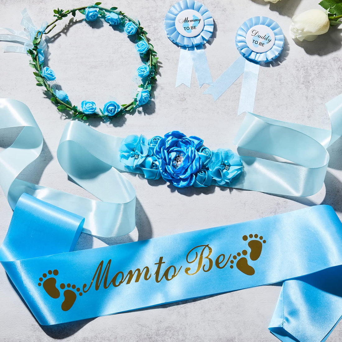 Xinnun 5 Pcs Baby Shower Maternity Sash Kit Shoulder Sash and Pin Daddy Corsages Flower Crown Pregnancy Sash Rose Wreath Headdress for Baby Shower Pregnancy Parents Prop Present Party Favor(Blue)