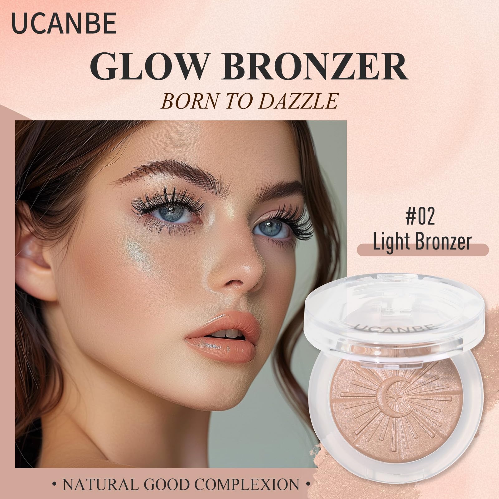 UCANBE Glow Bronzer, Long-Lasting Baked Shimmer Bronzing Powder - 02 Light Bronzer, Lightweight & Buildable Neutrual Satin Finish, Luminous Contour for Face, Cheeks, and Body