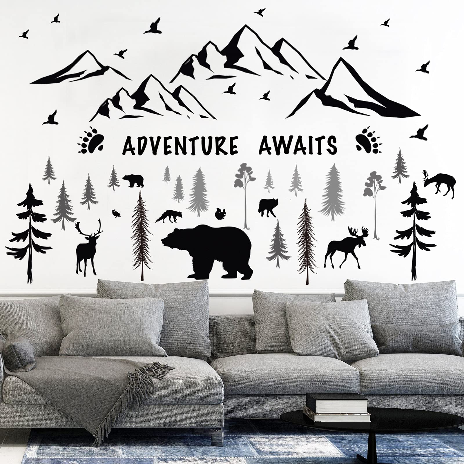 Chinco 4 Sheets Mountain Wall Decal Rustic Wall Stickers Nursery Dreamy Forest with Pine Tree Deer Peel and Stick Inspirational Quote Decals DIY for Kids' Room (Black,11.81 x 9.45 Inches)