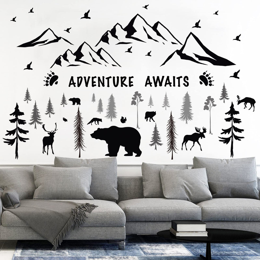 Chinco 4 Sheets Mountain Wall Decal Rustic Wall Stickers Nursery Dreamy Forest with Pine Tree Deer Peel and Stick Inspirational Quote Decals DIY for Kids' Room (Black,11.81 x 9.45 Inches)