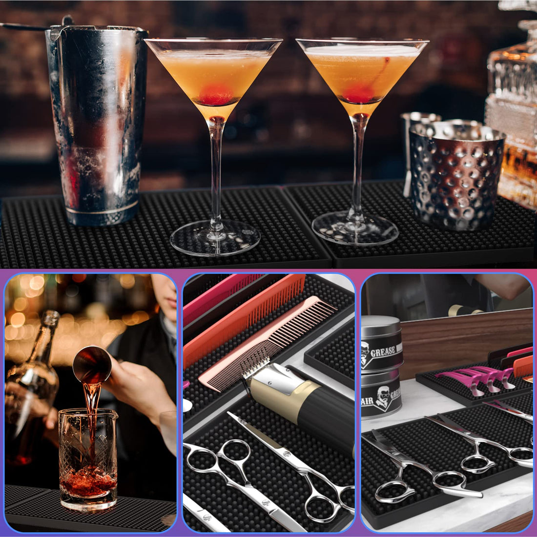 Black Salon Mat, Barber Work Station Clippers Mat, Flexible PVC Heavy Duty Antiskid Bar Service Mat Cushion, Heat-Resistant Pad Tools for Styling Hair Dryers Hair Trimmers 12 x 6 x 0.4 2 Pack