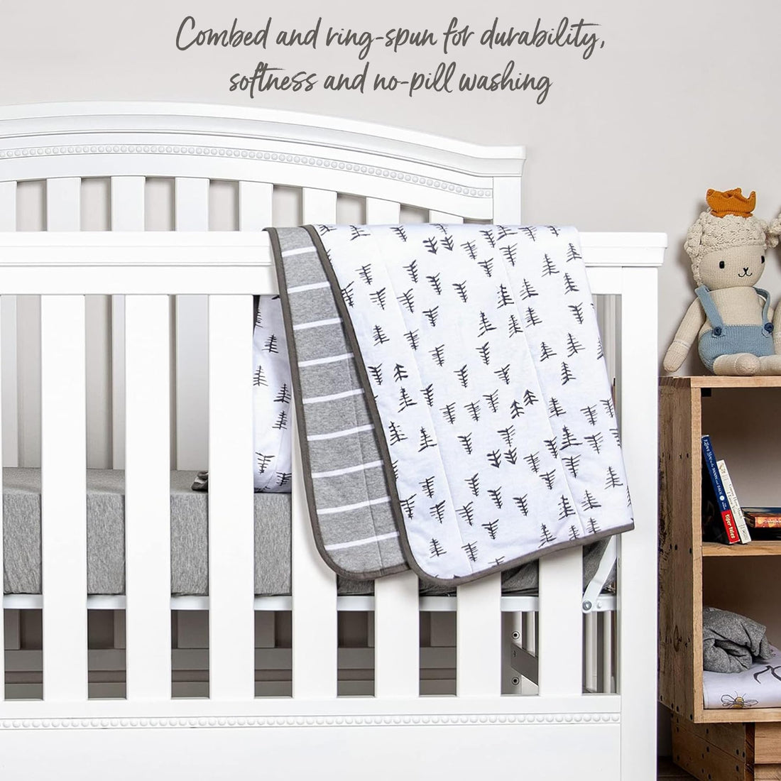 Burt's Bees Baby Infant Reversible Blankets 100% Organic Cotton GOTS Certified - Pine Forest Prints with Quilting Pattern Soft Nursery Blanket with 100% Polyester Fill for Size 30 x 40 Inch