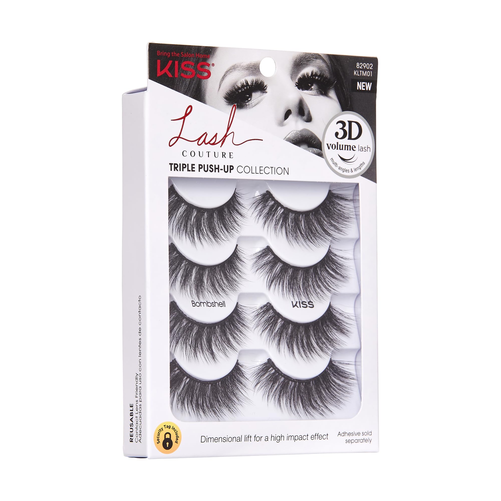 KISS Lash Couture Triple Push Up Collection Multipack, 3D Volume False Eyelashes with Triple Design Technology, Multi-Angles & Lengths, Contact Lens Friendly, Reusable, Style Bombshell, 4 Pairs
