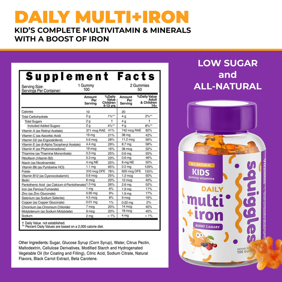 Squiggles Kids Multivitamin + Iron Gummies - Low Sugar Gummy Vitamins with Iron Supplements for Kids - Broad Spectrum of Vitamins and Minerals, Chewy, Yummy Berry Flavor (100 Count)