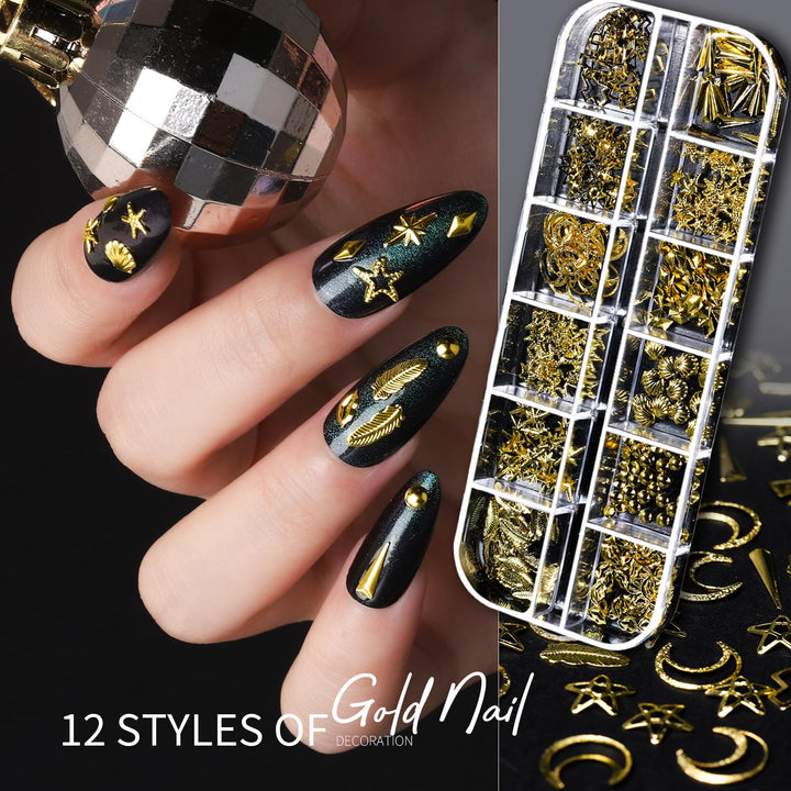 Teenitor Nail Charms Nail Art Kit with 15 Sheets Gold Nail Stickers, 6 Boxes of Nail Gems Nail Art Tools Nail Rhinestones for Nails, Nail Supplies 3D Nail Charms and Gems Nail Decals Nail Pearls