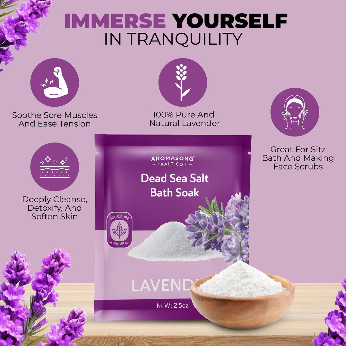Aromasong Pure Dead Sea Salt 100% Natural Lavender Essential Oil – 2.5 oz. Spa Bath Salt Fine Grain- Christmas Stocking Stuffers for Adults, Kids, Women, and Mens soak Stocking Stuffers for Adults