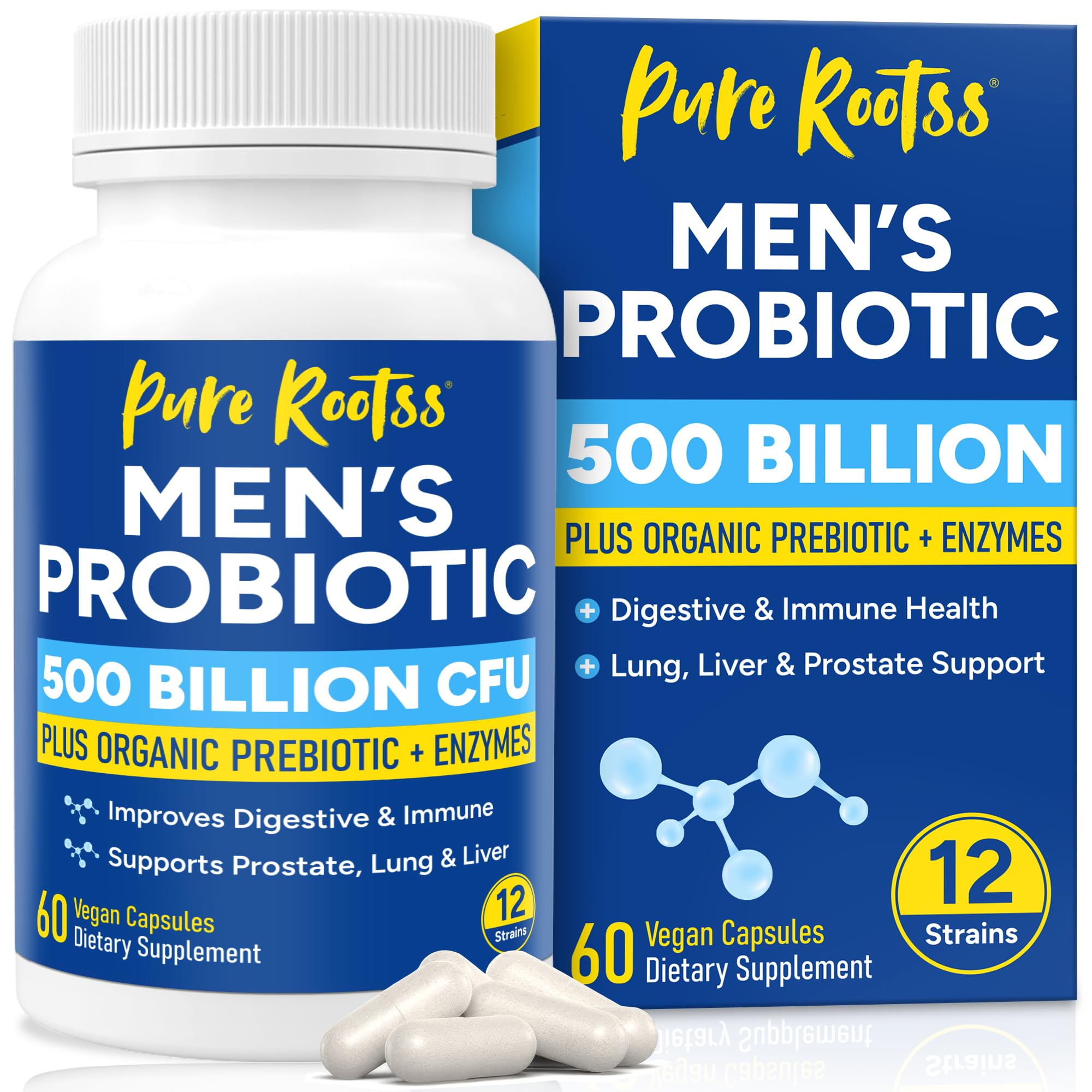Probiotics for Men, 500 Billion CFUs & 12 Strains, Prebiotic & Probiotic, Cranberry, Saw Palmetto, Digestive Enzymes, Gut & Bloating, Lung Liver Prostate Support, 30-Day Supply