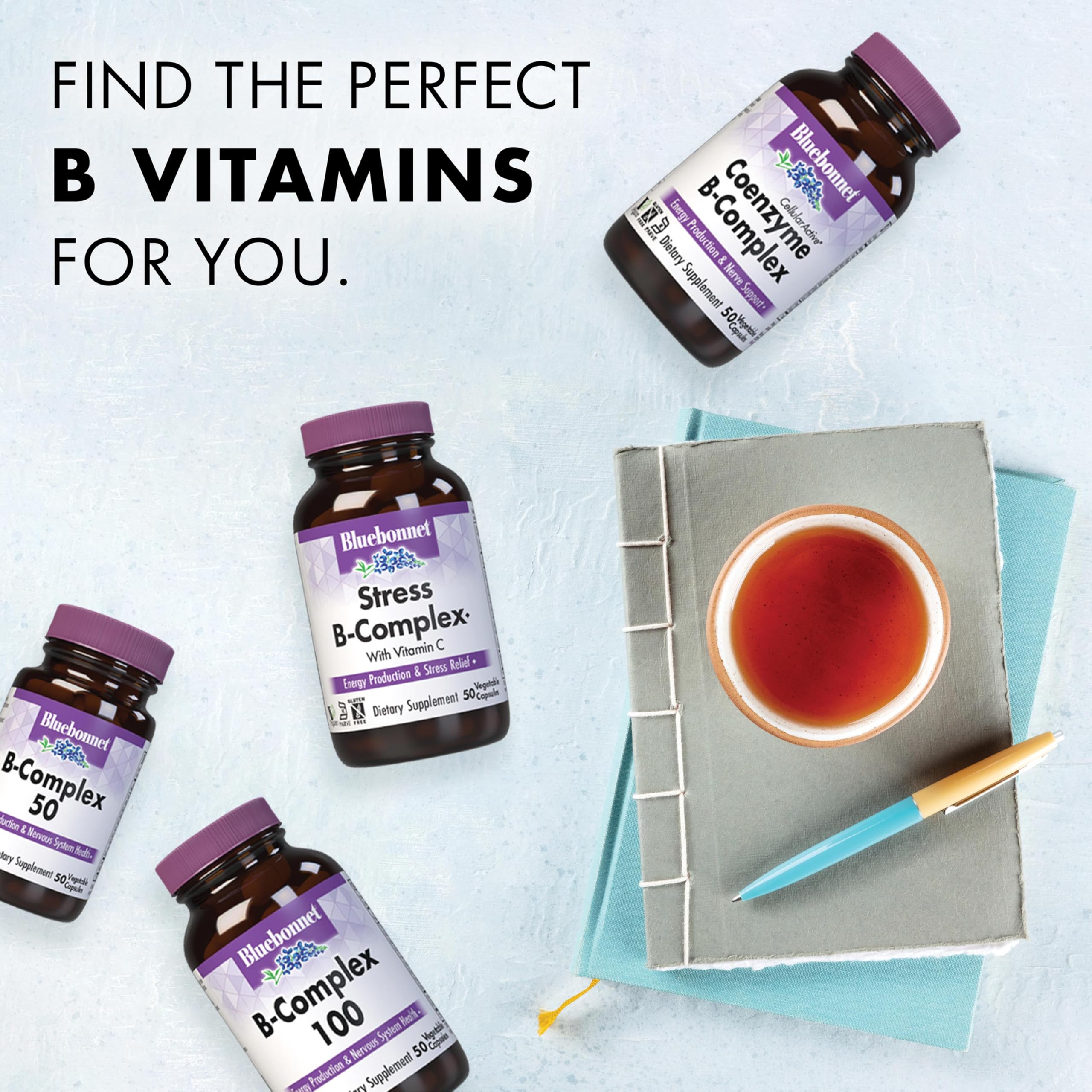 Bluebonnet Nutrition Stress Relief B Complex Vegetable Capsules, Vitamin B6, B12, Biotin, Folate, Vegan, Gluten & Soy & Milk Free, Kosher, Unflavored, 100 Count