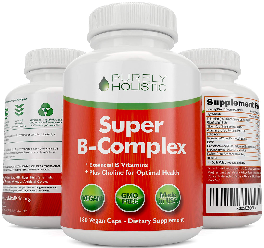 Vitamin B Complex - 8 Super B Complex Vitamins with Choline & Inositol, Vitamins B1, B2, B3, B5, B6, B8, B9 & B12 - B100 Complex - 180 Vegan Capsules - 6 Month Supply - Made in The USA