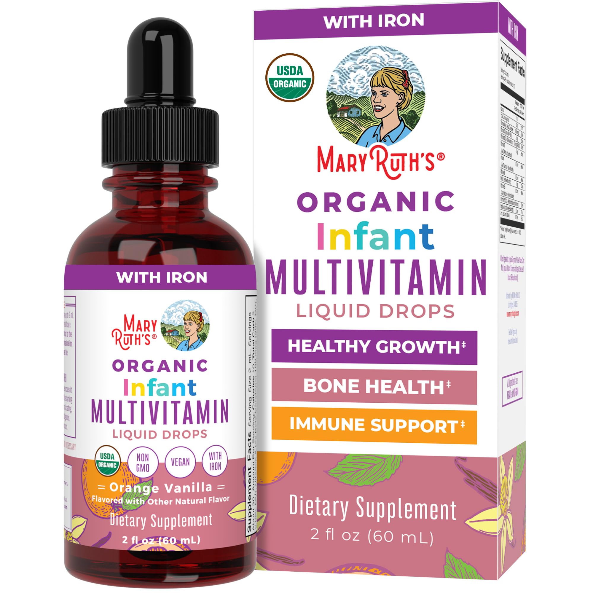 MaryRuth Organics Multivitamin with Iron for Infants | USDA Organic | Liquid Drops for Babies 6-12 Months | Immune Support & Overall Wellness | Vegan | Non-GMO | Gluten Free | 2 Fl Oz