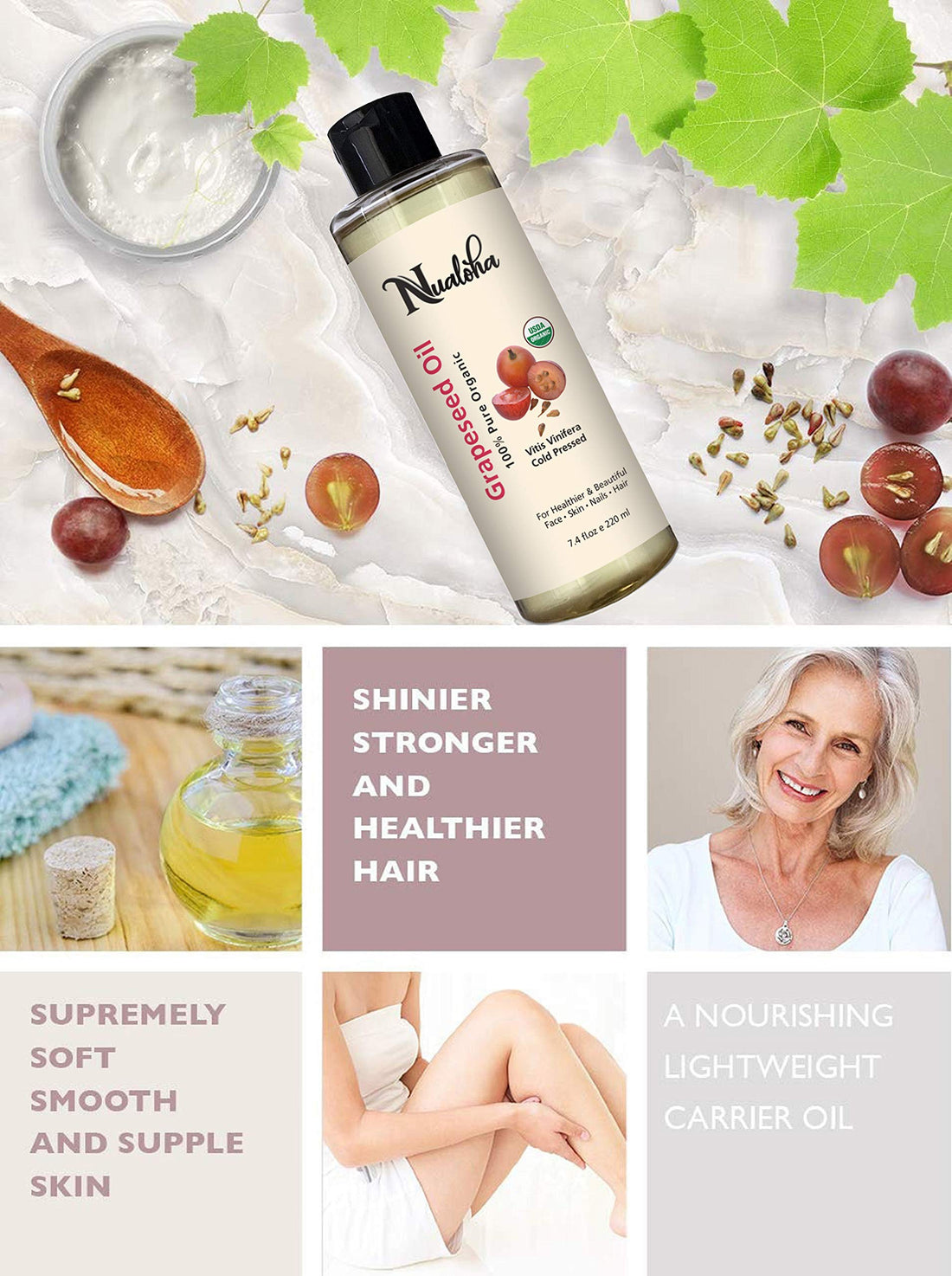Nualoha Organic Grape Seed Oil, 100% Pure Cold Pressed Carrier Oil For Acne Prone Skin, Hair Care, Face Cleanser, Anti-Aging Moisturizer for Wrinkles and Stretch Marks -220 ML