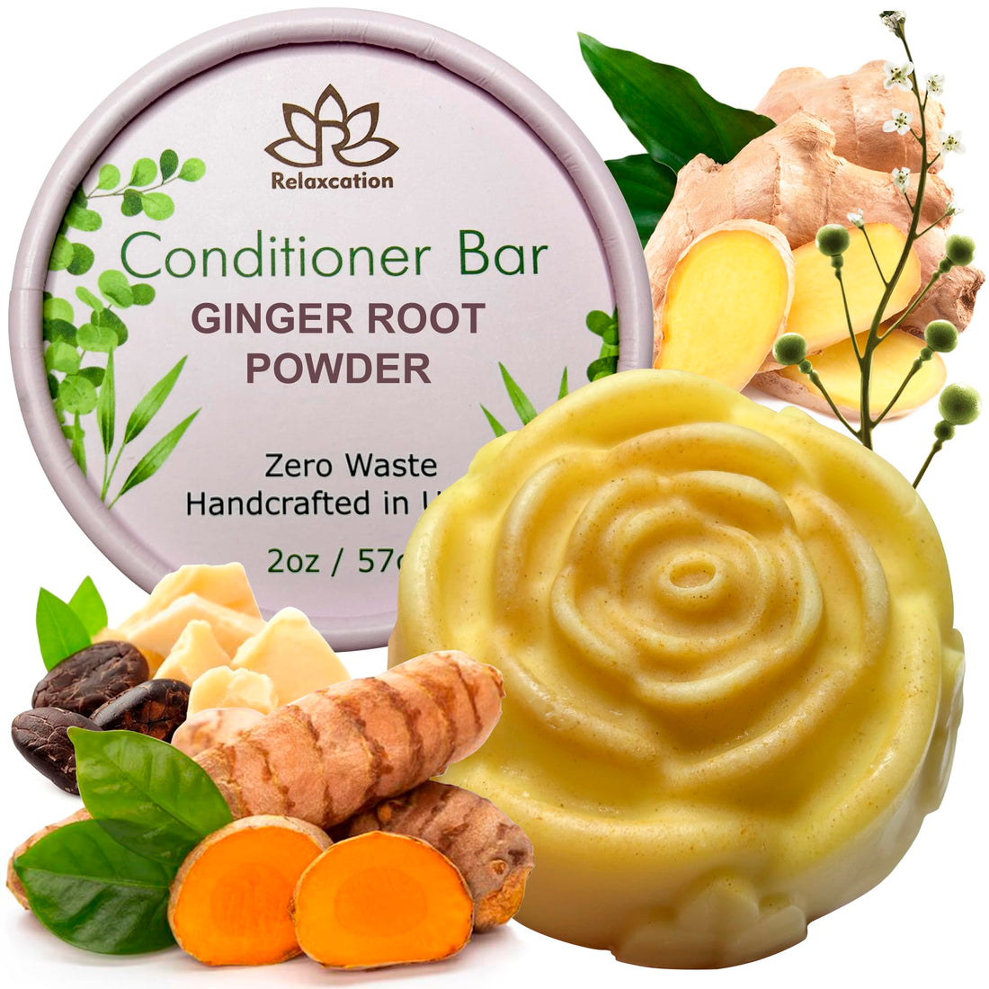Relaxcation Ginger Root & Camelina Oil Conditioner Bar, Hydrating & Hair Growth, Handmade in USA, All Hair Type, 1 Count