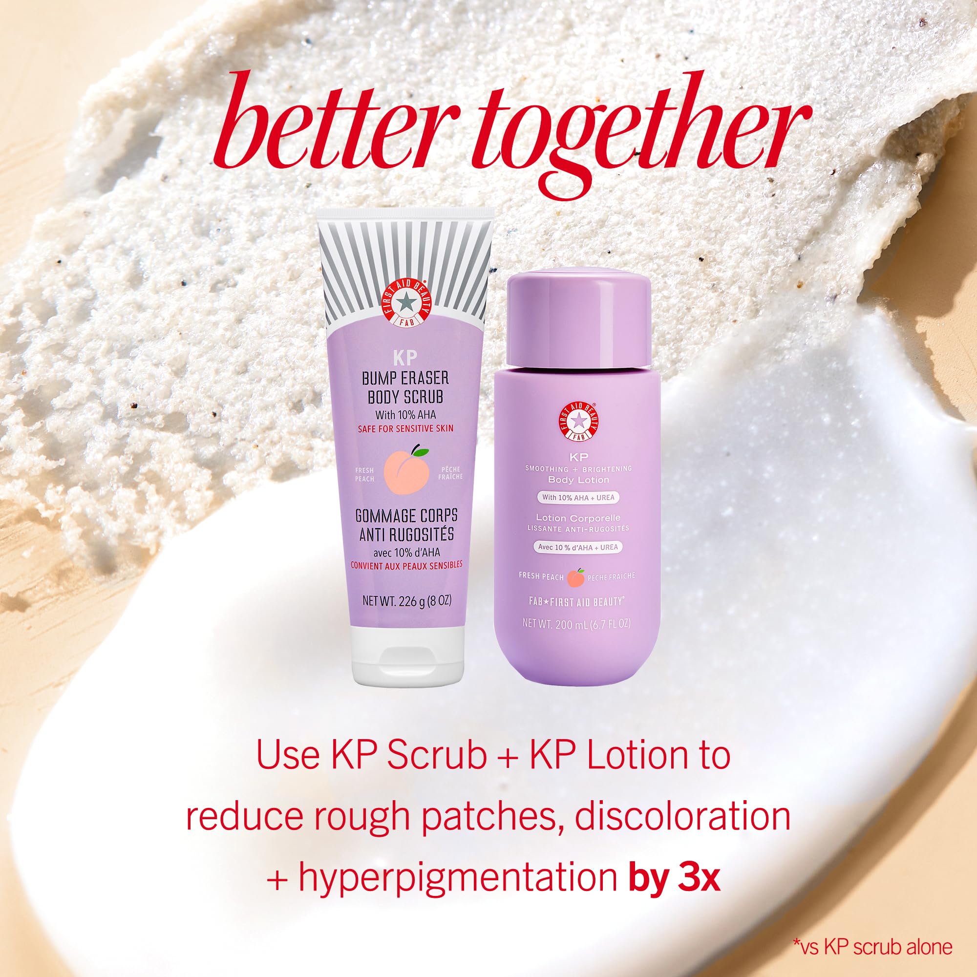 First Aid Beauty - KP Smoothing + Brightening Body Lotion with 10% AHA, Lactic Acid, Urea + Colloidal Oatmeal, Exfoliate & Moisturize, Banish Keratosis Pilaris Bumps, NEW Peach Scent (6. 7 fl oz)