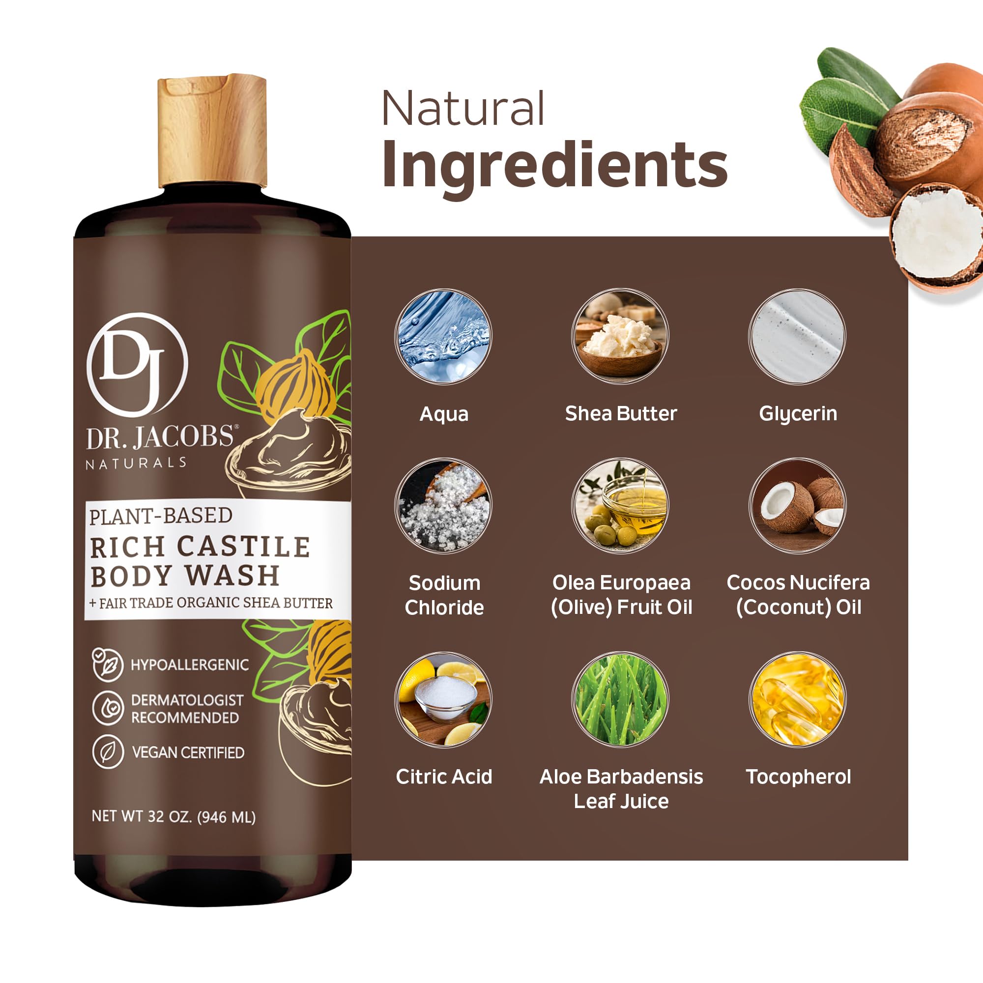 Dr. Jacobs Naturals Castile Shea Butter All-Natural Body Wash for Moisturizing Dry and Sensitive Skin with Plant-Based Ingredients with Pump - 32 Ounce