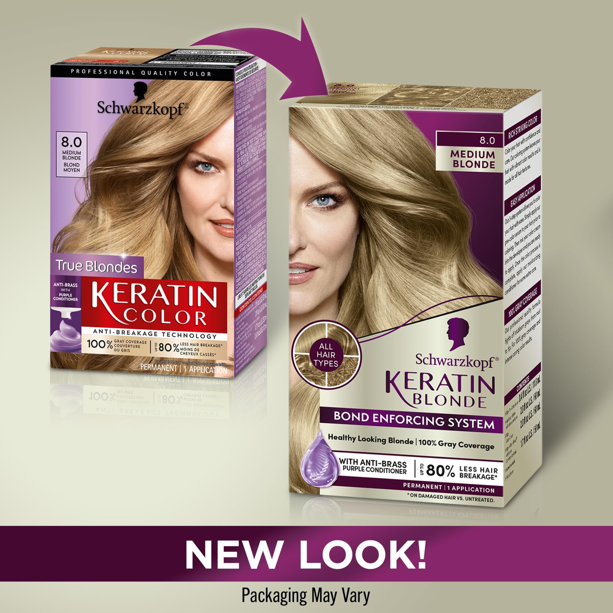 Schwarzkopf Keratin Color Permanent Hair Color, 8.0 Medium Blonde, 1 Application - Professionally Inspired Permanent Hair Dye