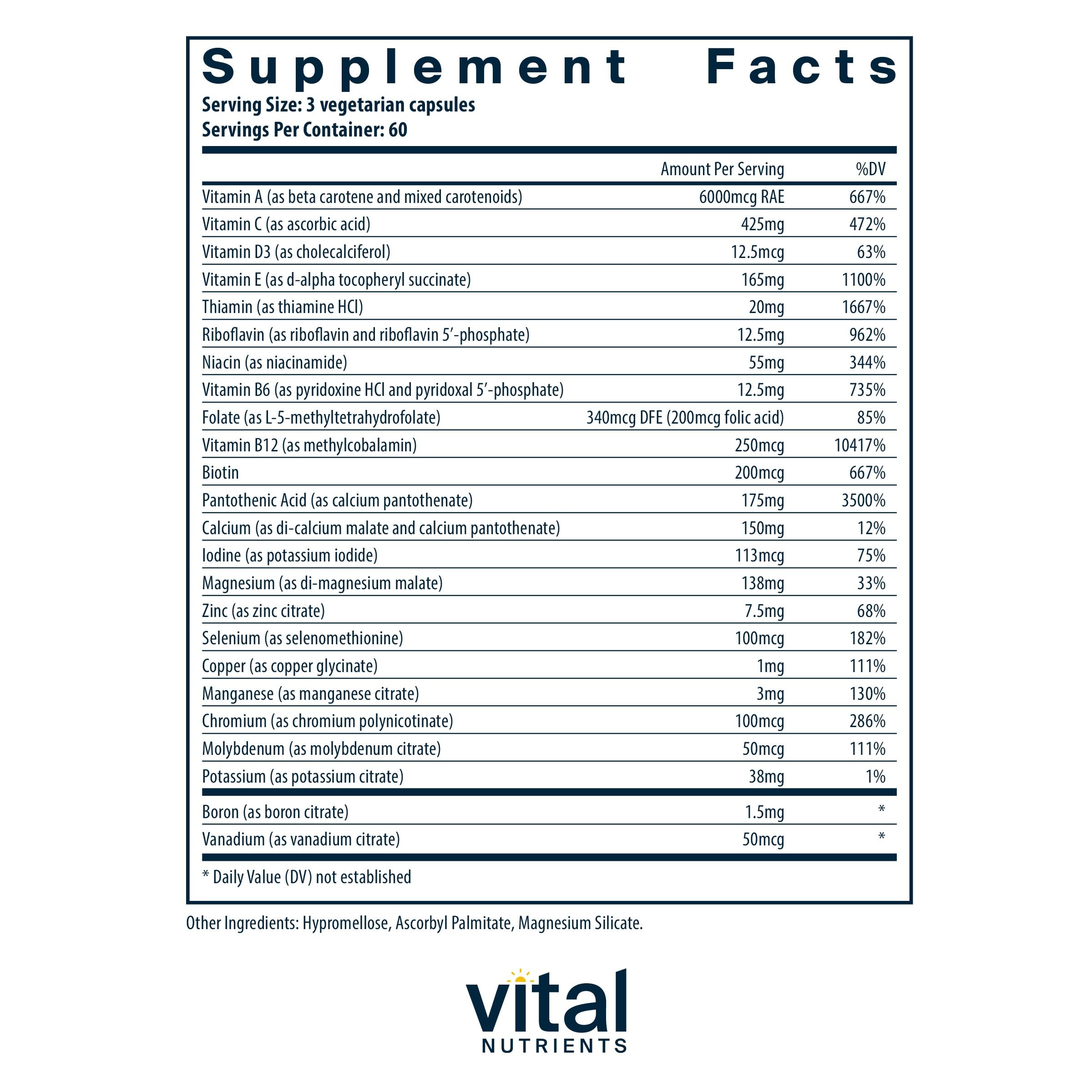 Vital Nutrients Multi-Nutrients 3|Vegetarian Multivitamin|Citrate/Malate Formula|Without Copper or Iron| Multi Vitamin, Mineral, & Antioxidant Supplement| Gluten, Dairy, Soy Free|Non-GMO|180 Capsules