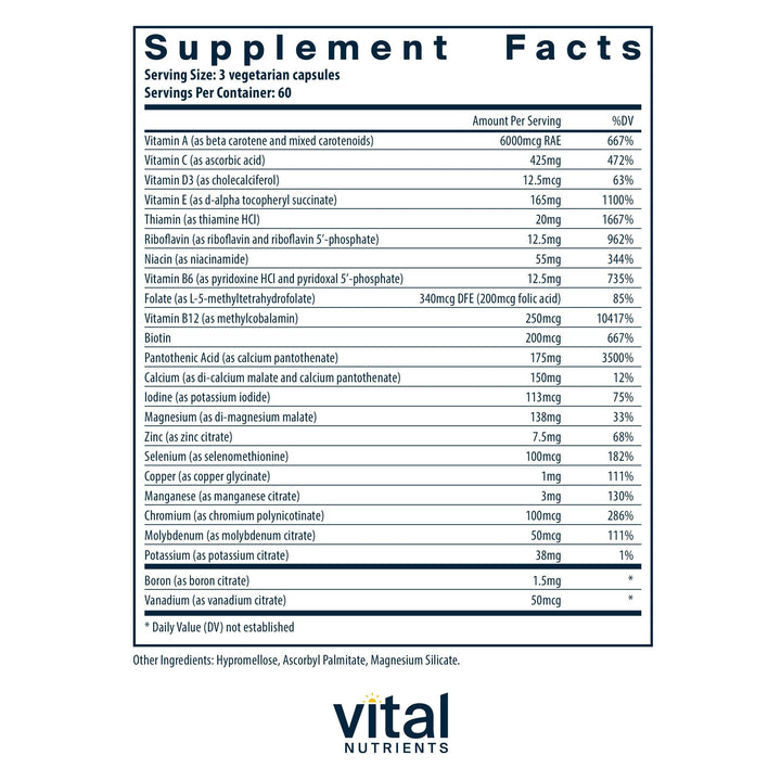 Vital Nutrients Multi-Nutrients 3|Vegetarian Multivitamin|Citrate/Malate Formula|Without Copper or Iron| Multi Vitamin, Mineral, & Antioxidant Supplement| Gluten, Dairy, Soy Free|Non-GMO|180 Capsules