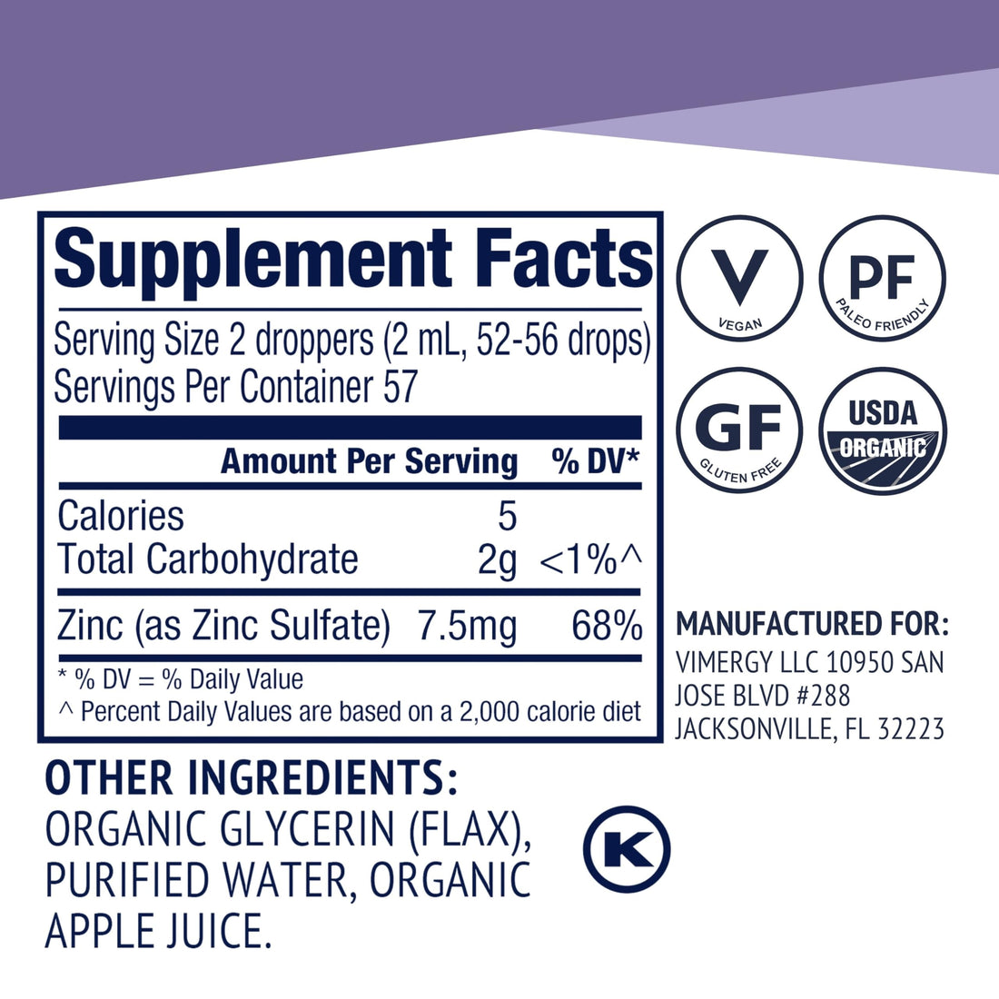 Vimergy Liquid Zinc – Fast-Absorbing Immune Support* – Promotes Healthy Bones & Skin – USDA Certified Organic, Vegan, Non-GMO – 57 Servings (115 mL)