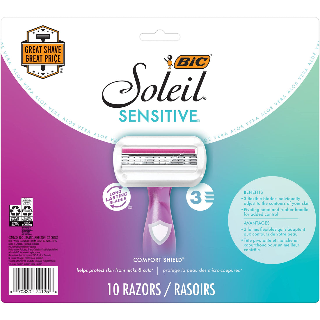 BIC Soleil Sensitive 3-Blade Disposable Razors for Women, 10-Count